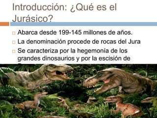 Introducción: ¿Qué es el
Jurásico?
 Abarca desde 199-145 millones de años.
 La denominación procede de rocas del Jura
 Se caracteriza por la hegemonía de los
grandes dinosaurios y por la escisión de
Pangea.
 