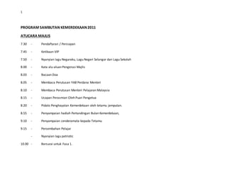 1
PROGRAM SAMBUTAN KEMERDEKAAN2011
ATUCARA MAJLIS
7.30 - Pendaftaran / Persiapan
7.45 - Ketibaan VIP
7.50 - Nyanyian lagu Negaraku, Lagu Negeri Selangor dan Lagu Sekolah
8.00 - Kata alu-aluan Pengerusi Majlis
8.03 - Bacaan Doa
8.05 - Membaca Perutusan YAB Perdana Menteri
8.10 - Membaca Perutusan Menteri Pelajaran Malaysia
8.15 - Ucapan Perasmian Oleh Puan Pengetua
8.20 - Pidato Penghayatan Kemerdekaan oleh tetamu jemputan.
8.55 - Penyampaian hadiah Pertandingan Bulan Kemerdekaan,
9.10 - Penyampaian cenderamata kepada Tetamu
9.15 - Persembahan Pelajar
- Nyanyian lagu patriotic
10.00 - Bersurai untuk Fasa 1.
 