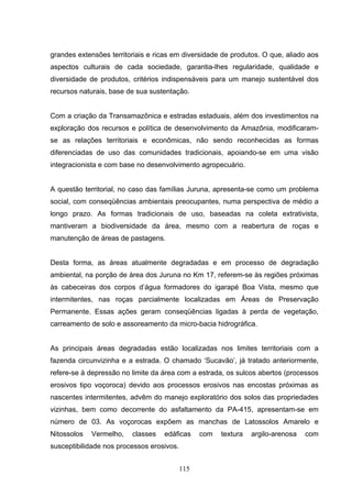 grandes extensões territoriais e ricas em diversidade de produtos. O que, aliado aos
aspectos culturais de cada sociedade, garantia-lhes regularidade, qualidade e
diversidade de produtos, critérios indispensáveis para um manejo sustentável dos
recursos naturais, base de sua sustentação.


Com a criação da Transamazônica e estradas estaduais, além dos investimentos na
exploração dos recursos e política de desenvolvimento da Amazônia, modificaram-
se as relações territoriais e econômicas, não sendo reconhecidas as formas
diferenciadas de uso das comunidades tradicionais, apoiando-se em uma visão
integracionista e com base no desenvolvimento agropecuário.


A questão territorial, no caso das famílias Juruna, apresenta-se como um problema
social, com conseqüências ambientais preocupantes, numa perspectiva de médio a
longo prazo. As formas tradicionais de uso, baseadas na coleta extrativista,
mantiveram a biodiversidade da área, mesmo com a reabertura de roças e
manutenção de áreas de pastagens.


Desta forma, as áreas atualmente degradadas e em processo de degradação
ambiental, na porção de área dos Juruna no Km 17, referem-se às regiões próximas
às cabeceiras dos corpos d’água formadores do igarapé Boa Vista, mesmo que
intermitentes, nas roças parcialmente localizadas em Áreas de Preservação
Permanente. Essas ações geram conseqüências ligadas à perda de vegetação,
carreamento de solo e assoreamento da micro-bacia hidrográfica.


As principais áreas degradadas estão localizadas nos limites territoriais com a
fazenda circunvizinha e a estrada. O chamado ‘Sucavão’, já tratado anteriormente,
refere-se à depressão no limite da área com a estrada, os sulcos abertos (processos
erosivos tipo voçoroca) devido aos processos erosivos nas encostas próximas as
nascentes intermitentes, advêm do manejo exploratório dos solos das propriedades
vizinhas, bem como decorrente do asfaltamento da PA-415, apresentam-se em
número de 03. As voçorocas expõem as manchas de Latossolos Amarelo e
Nitossolos   Vermelho,   classes   edáficas      com   textura   argilo-arenosa   com
susceptibilidade nos processos erosivos.


                                           115
 