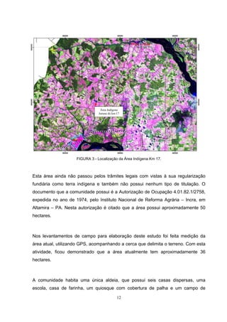 Área Indígena
                               Juruna do km 17




                    FIGURA 3 - Localização da Área Indígena Km 17.



Esta área ainda não passou pelos trâmites legais com vistas à sua regularização
fundiária como terra indígena e também não possui nenhum tipo de titulação. O
documento que a comunidade possui é a Autorização de Ocupação 4.01.82.1/2758,
expedida no ano de 1974, pelo Instituto Nacional de Reforma Agrária – Incra, em
Altamira – PA. Nesta autorização é citado que a área possui aproximadamente 50
hectares.



Nos levantamentos de campo para elaboração deste estudo foi feita medição da
área atual, utilizando GPS, acompanhando a cerca que delimita o terreno. Com esta
atividade, ficou demonstrado que a área atualmente tem aproximadamente 36
hectares.



A comunidade habita uma única aldeia, que possui seis casas dispersas, uma
escola, casa de farinha, um quiosque com cobertura de palha e um campo de

                                            12
 