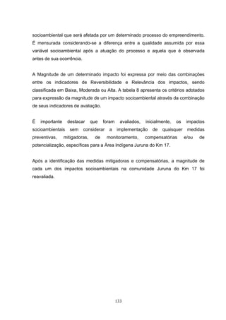 socioambiental que será afetada por um determinado processo do empreendimento.
É mensurada considerando-se a diferença entre a qualidade assumida por essa
variável socioambiental após a atuação do processo e aquela que é observada
antes de sua ocorrência.


A Magnitude de um determinado impacto foi expressa por meio das combinações
entre os indicadores de Reversibilidade e Relevância dos impactos, sendo
classificada em Baixa, Moderada ou Alta. A tabela 8 apresenta os critérios adotados
para expressão da magnitude de um impacto socioambiental através da combinação
de seus indicadores de avaliação.


É   importante    destacar      que   foram     avaliados,   inicialmente,   os    impactos
socioambientais     sem    considerar    a    implementação     de   quaisquer     medidas
preventivas,     mitigadoras,    de     monitoramento,       compensatórias       e/ou   de
potencialização, específicas para a Área Indígena Juruna do Km 17.


Após a identificação das medidas mitigadoras e compensatórias, a magnitude de
cada um dos impactos socioambientais na comunidade Juruna do Km 17 foi
reavaliada.




                                              133
 
