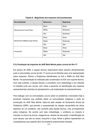 Tabela 8 - Magnitude dos Impactos Socioambientais

Reversibilidade                    Relevância            Magnitude

                                   Baixa                 Baixa

Reversível em Curto Prazo          Média                 Moderada

                                   Alta                  Moderada

                                   Baixa                 Baixa

Reversível a Médio/Longo Prazos    Média                 Moderada

                                   Alta                  Alta

                                   Baixa                 Baixa

Irreversível                       Média                 Moderada

                                   Alta                  Alta




5.3.2 Avaliação de impactos do AHE Belo Monte pelos Juruna do Km 17

Em janeiro de 2009, a equipe técnica responsável pelos estudos etnoambientais
junto à comunidade Juruna do Km 17 reuniu-se em Brasília para uma apresentação
sobre Impactos, Planos e Programas identificados no EIA e RIMA do AHE Belo
Monte. Tal apresentação foi realizada pelo coordenador do EIA com suporte técnico.
Com este subsídio, a equipe discutiu e consolidou uma metodologia a ser utilizada
no trabalho junto aos Juruna, com vistas a apoiá-los na identificação dos impactos
socioambientais advindos do planejamento e da implantação do empreendimento.


Para dialogar com as comunidades Juruna sobre os problemas vivenciados hoje e
prováveis impactos que poderão afetar as comunidades indígenas a partir da
construção do AHE Belo Monte, optou-se pela adoção da ferramenta Árvore de
Problemas (DRP), que permite a compreensão da relação causa-efeito de vários
aspectos de um problema, não somente pela equipe técnica, mas principalmente
pelos indígenas. De acordo com esta metodologia, o problema ou impacto é
indicado no tronco da árvore, chegando-se, através da discussão, à identificação de
suas causas, que são as raízes, enquanto a copa, folhas e galhos representam as
conseqüências que poderão advir do problema anteriormente indicado.
                                      134
 