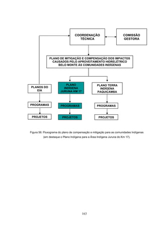 COORDENAÇÃO                           COMISSÃO
                                    TÉCNICA                             GESTORA




              PLANO DE MITIGAÇÃO E COMPENSAÇÃO DOS IMPACTOS
                CAUSADOS PELO APROVEITAMENTO HIDRELÉTRICO
                   BELO MONTE ÀS COMUNIDADES INDÍGENAS




                           PLANO                   PLANO TERRA
PLANOS DO                INDÍGENA                    INDÍGENA
   EIA                 JURUNA KM 17                PAQUIÇAMBA



PROGRAMAS              PROGRAMAS                   PROGRAMAS


 PROJETOS               PROJETOS                     PROJETOS




Figura 56: Fluxograma do plano de compensação e mitigação para as comunidades Indígenas
          (em destaque o Plano Indígena para a Área Indígena Juruna do Km 17).




                                        163
 