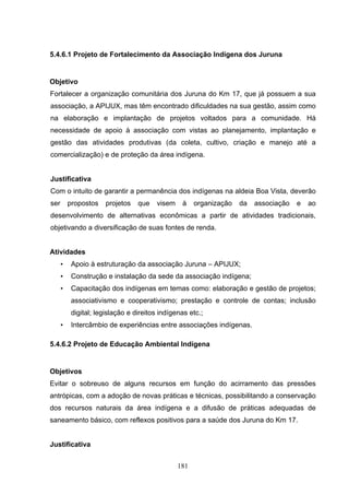 5.4.6.1 Projeto de Fortalecimento da Associação Indígena dos Juruna


Objetivo
Fortalecer a organização comunitária dos Juruna do Km 17, que já possuem a sua
associação, a APIJUX, mas têm encontrado dificuldades na sua gestão, assim como
na elaboração e implantação de projetos voltados para a comunidade. Há
necessidade de apoio à associação com vistas ao planejamento, implantação e
gestão das atividades produtivas (da coleta, cultivo, criação e manejo até a
comercialização) e de proteção da área indígena.


Justificativa
Com o intuito de garantir a permanência dos indígenas na aldeia Boa Vista, deverão
ser       propostos    projetos   que   visem    à    organização   da   associação   e   ao
desenvolvimento de alternativas econômicas a partir de atividades tradicionais,
objetivando a diversificação de suas fontes de renda.


Atividades
      •    Apoio à estruturação da associação Juruna – APIJUX;
      •    Construção e instalação da sede da associação indígena;
      •    Capacitação dos indígenas em temas como: elaboração e gestão de projetos;
           associativismo e cooperativismo; prestação e controle de contas; inclusão
           digital; legislação e direitos indígenas etc.;
      •    Intercâmbio de experiências entre associações indígenas.

5.4.6.2 Projeto de Educação Ambiental Indígena


Objetivos
Evitar o sobreuso de alguns recursos em função do acirramento das pressões
antrópicas, com a adoção de novas práticas e técnicas, possibilitando a conservação
dos recursos naturais da área indígena e a difusão de práticas adequadas de
saneamento básico, com reflexos positivos para a saúde dos Juruna do Km 17.


Justificativa


                                                181
 