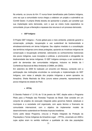 No entanto, os Juruna do Km 17 nunca foram beneficiados pela Carteira Indígena,
uma vez que a comunidade nunca chegou a elaborar um projeto e submetê-lo ao
Comitê Gestor. A própria Sheila desistiu de apresentar o projeto, por acreditar que
sua implantação seria demorada, com o que se criaria muita expectativa na
comunidade, já que a liberação e repasses dos recursos é um processo demorado.


          •   GEF Indígena


O Projeto GEF Indígena – Fundo global para o meio ambiente, pretende garantir a
conservação, proteção, recuperação e uso sustentável da biodiversidade e
etnodesenvolvimento em terras Indígenas. Seu objetivo imediato é a consolidação
dos territórios indígenas como áreas protegidas, apoiando as iniciativas indígenas de
conservação e recuperação ambiental, valorizando os conhecimentos tradicionais
dos povos indígenas, suas inovações e práticas, e promovendo e etnogestão da
biodiversidade das terras indígenas. O GEF Indígena começou a ser construído a
partir de demandas das comunidades indígenas, inclusive no âmbito da I
Conferência Nacional de Meio Ambiente (I CNMA, em 2003).
Em setembro de 2008 foi realizado um encontro em Manaus, contando com a
participação das instituições envolvidas na construção e implementação do GEF
Indígena, com vistas à seleção dos projetos indígenas a serem apoiados na
Amazônia. Sheila Machado da Silva Juruna esteve presente, representando os
povos indígenas do estado do Pará.


              • PPTAL


O Decreto Federal n.º 2.119, de 13 de janeiro de 1997, dispõe sobre o Programa
Piloto para a Proteção das Florestas Tropicais do Brasil. Este consiste em um
conjunto de projetos de execução integrada pelos governos federal, estaduais e
municipais e a sociedade civil organizada, com apoio técnico e financeiro da
comunidade     internacional,   com   o   objetivo   de   implementar   modelo    de
desenvolvimento sustentável em florestas tropicais brasileiras.
Como parte desse Programa, criou-se o Projeto Integrado de Proteção às
Populações e Terras Indígenas da Amazônia Legal – PPTAL, encerrado em 2009 e
cujas ações eram no sentido melhorar a qualidade de vida das populações
                                          53
 