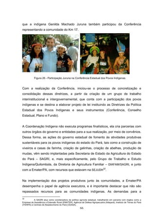 que a indígena Genilda Machado Juruna também participou da Conferência
representando a comunidade do Km 17.




           Figura 26 - Participação Juruna na Conferência Estadual dos Povos Indígenas.


Com a realização da Conferência, iniciou-se o processo de concretização e
consolidação dessas diretrizes, a partir da criação de um grupo de trabalho
interinstitucional e intergovernamental, que conta com a participação dos povos
indígenas e se destina a elaborar projeto de lei instituindo as Diretrizes da Política
Estadual dos Povos Indígenas e seus instrumentos (Conferência, Conselho
Estadual, Plano e Fundo).


A Coordenação Indígena não executa programas finalísticos, ela cria parcerias com
outros órgãos do governo e entidades para a sua realização, por meio de convênios.
Dessa forma, as ações do governo estadual de fomento às atividades produtivas
sustentáveis para os povos indígenas do estado do Pará, tais como a construção de
viveiros e casas de farinha, criação de galinhas, criação de abelhas, produção de
mudas, vêm sendo implantadas pela Secretaria de Estado da Agricultura do Estado
do Pará – SAGRI, e, mais especificamente, pelo Grupo de Trabalho e Estudo
Indígena/Quilombola, da Diretoria de Agricultura Familiar – DIAFAM/SAGRI, e junto
com a Emater/PA, com recursos que estavam na SEJUDH32.


Na implementação dos projetos produtivos junto às comunidades, a Emater/PA
desempenha o papel de agência executora, e é importante destacar que não são
repassados recursos para as comunidades indígenas. As demandas para a

32
           A SAGRI atua como coordenadora da política agrícola estadual, trabalhando em parceria com órgãos como a
Empresa de Assistência e Extensão Rural (EMATER), Agência de Defesa Agropecuária (Adepará), Instituto de Terras do Pará
(ITERPA) e Centrais de Abastecimento do Pará (CEASA).
                                                         66
 