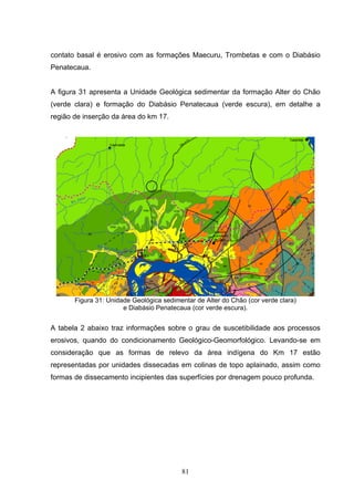 contato basal é erosivo com as formações Maecuru, Trombetas e com o Diabásio
Penatecaua.


A figura 31 apresenta a Unidade Geológica sedimentar da formação Alter do Chão
(verde clara) e formação do Diabásio Penatecaua (verde escura), em detalhe a
região de inserção da área do km 17.




       Figura 31: Unidade Geológica sedimentar de Alter do Chão (cor verde clara)
                       e Diabásio Penatecaua (cor verde escura).


A tabela 2 abaixo traz informações sobre o grau de suscetibilidade aos processos
erosivos, quando do condicionamento Geológico-Geomorfológico. Levando-se em
consideração que as formas de relevo da área indígena do Km 17 estão
representadas por unidades dissecadas em colinas de topo aplainado, assim como
formas de dissecamento incipientes das superfícies por drenagem pouco profunda.




                                          81
 