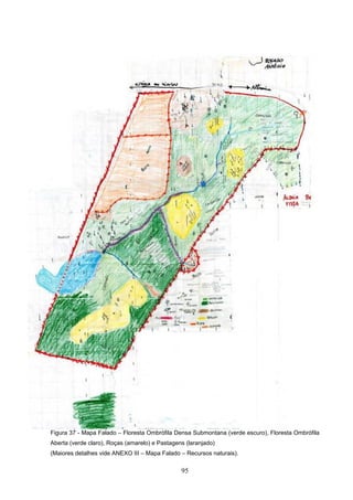 Figura 37 - Mapa Falado – Floresta Ombrófila Densa Submontana (verde escuro), Floresta Ombrófila
Aberta (verde claro), Roças (amarelo) e Pastagens (laranjado)
(Maiores detalhes vide ANEXO III – Mapa Falado – Recursos naturais).

                                                95
 