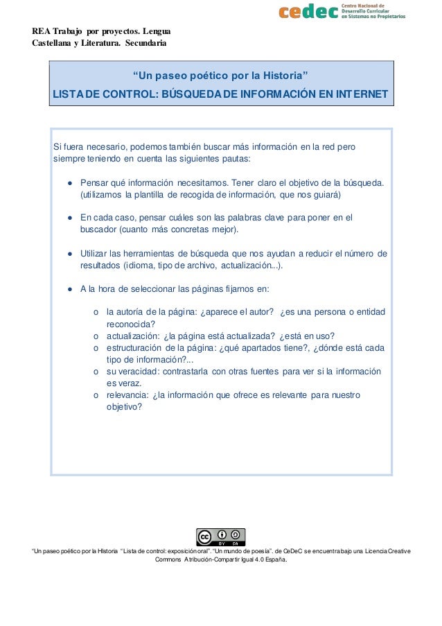 REA Trabajo por proyectos. Lengua
Castellana y Literatura. Secundaria
“Un paseo poético por la HIstoria “ Lista de control...