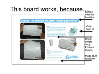 This board works, because… See  attached video Video cued in Made stuff readable Simple, effective headline Short, simple copy. Focus on results. 