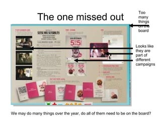 The one missed out Looks like they are part of different campaigns Too many things on the board We may do many things over the year, do all of them need to be on the board? 