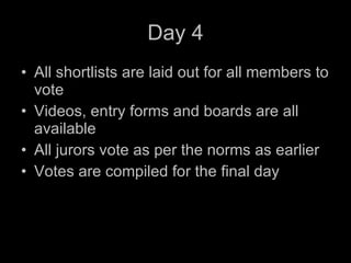 Day 4 All shortlists are laid out for all members to vote Videos, entry forms and boards are all available All jurors vote as per the norms as earlier Votes are compiled for the final day 