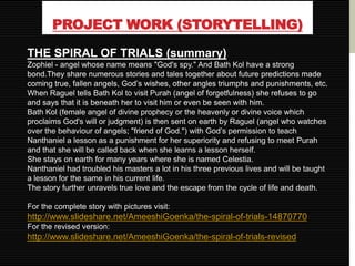 PROJECT WORK (STORYTELLING)

THE SPIRAL OF TRIALS (summary)
Zophiel - angel whose name means "God's spy." And Bath Kol have a strong
bond.They share numerous stories and tales together about future predictions made
coming true, fallen angels, God’s wishes, other angles triumphs and punishments, etc.
When Raguel tells Bath Kol to visit Purah (angel of forgetfulness) she refuses to go
and says that it is beneath her to visit him or even be seen with him.
Bath Kol (female angel of divine prophecy or the heavenly or divine voice which
proclaims God's will or judgment) is then sent on earth by Raguel (angel who watches
over the behaviour of angels; "friend of God.") with God’s permission to teach
Nanthaniel a lesson as a punishment for her superiority and refusing to meet Purah
and that she will be called back when she learns a lesson herself.
She stays on earth for many years where she is named Celestia.
Nanthaniel had troubled his masters a lot in his three previous lives and will be taught
a lesson for the same in his current life.
The story further unravels true love and the escape from the cycle of life and death.

For the complete story with pictures visit:
http://www.slideshare.net/AmeeshiGoenka/the-spiral-of-trials-14870770
For the revised version:
http://www.slideshare.net/AmeeshiGoenka/the-spiral-of-trials-revised
 