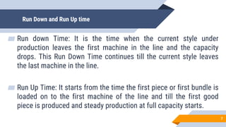 Run Down and Run Up time
▰ Run down Time: It is the time when the current style under
production leaves the first machine in the line and the capacity
drops. This Run Down Time continues till the current style leaves
the last machine in the line.
▰ Run Up Time: It starts from the time the first piece or first bundle is
loaded on to the first machine of the line and till the first good
piece is produced and steady production at full capacity starts.
7
 