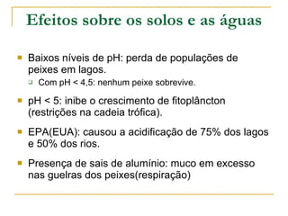 Efeitos sobre os solos e as águas Baixos níveis de pH: perda de populações de peixes em lagos. Com pH < 4,5: nenhum peixe sobrevive. pH < 5: inibe o crescimento de fitoplâncton (restrições na cadeia trófica). EPA(EUA): causou a acidificação de 75% dos lagos e 50% dos rios. Presença de sais de alumínio: muco em excesso nas guelras dos peixes(respiração) 