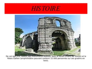 HISTOIRE De cet âge d'or, datent des monuments illustres, dont le forum (Piliers de Tutelle) et le Palais Gallien (amphithéâtre pouvant contenir 15 000 personnes sur ses gradins en bois). 
