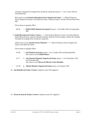 Camargo, Fernando de Camargo Ortiz, Fernão de, Jusepe de) nasceu251,252,253
em 11 maio 1842 em
Guaraciaba-MG.
Rita casou-se com Francisco Herculano Xavier Nogueira da Gama254,255,256
, filho de Francisco
Xavier Nogueira da Gama e Ana Maria do Carmo. Francisco nasceu257
dd mm 1830 em Ouro Preto-
MG.
Eles tiveram os seguintes filhos
109 M i. FERNANDO Monteiro da Gama(?) nasceu258,259
em 9 julho 1862 em Guaraciaba-
MG.
71.Isabel Herculana de Freitas e Castro260,261,262,263
(José de Deus Moreira e Castro, Luis Pinto Moreira,
Inácia Maria de Jesus, Joana de Almeida Camargo, Isabel da Costa Camargo, Catarina de Camargo,
Fernando de Camargo Ortiz, Fernão de, Jusepe de).
Isabel casou-se com Anacleto Xavier Monteiro264,265,266,267
, filho de Francisco Xavier Nogueira da
Gama e Ana Maria do Carmo.
Eles tiveram os seguintes filhos
110 M i. José Monteiro da Gama nasceu268,269
em 17 junho 1869 em Guaraciaba-MG.
José casou-se com Ludmila Roças270
.
111 F ii. Ana Maurícia Monteiro Nogueira da Gama nasceu271,272
em 22 dezembro 1870
em Guaraciaba-MG.
Ana casou-se com Marcos de Oliveira Castro Brandão273
.
+ 112 M iii. Alfredo Monteiro Nogueira da Gama nasceu em 8 janeiro 1883.
82. Ana Benedita de Freitas e Castro é impresso como #60 à página 8.
83. Tereza de Jesus de Freitas e Castro é impresso como #61 à página 9.
20 jun 2015 Descendentes de TÍTULO CAMARGOS Jusepe de Camargo Página 12
 