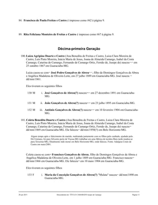 84. Francisca de Paula Freitas e Castro é impresso como #62 à página 9.
89. Rita Feliciana Monteiro de Freitas e Castro é impresso como #67 à página 9.
Décima-primeira Geração
100.Luiza Agripina Duarte e Castro (Ana Benedita de Freitas e Castro, Luiza Clara Moreira de
Castro, Luis Pinto Moreira, Inácia Maria de Jesus, Joana de Almeida Camargo, Isabel da Costa
Camargo, Catarina de Camargo, Fernando de Camargo Ortiz, Fernão de, Jusepe de) nasceu274,275
em
25 outubro 1867 em Guaraciaba-MG.
Luiza casou-se com278
José Pedro Gonçalves de Abreu276,277
, filho de Domingos Gonçalves de Abreu
e Angélica Madalena de Oliveira Leite, em 27 julho 1889 em Guaraciaba-MG. José nasceu 279
dd/mm/1861.
Eles tiveram os seguintes filhos
130 M i. José Gonçalves de Abreu(?) nasceu280,281
em 27 dezembro 1891 em Guaraciaba-
MG.
131 M ii. João Gonçalves de Abreu(?) nasceu282,283
em 23 julho 1895 em Guaraciaba-MG.
132 M iii. Antônio Gonçalves de Abreu(?) nasceu284,285
em 10 fevereiro 1904 em Guaraciaba-
MG.
101.Coleta Benedita Duarte e Castro (Ana Benedita de Freitas e Castro, Luiza Clara Moreira de
Castro, Luis Pinto Moreira, Inácia Maria de Jesus, Joana de Almeida Camargo, Isabel da Costa
Camargo, Catarina de Camargo, Fernando de Camargo Ortiz, Fernão de, Jusepe de) nasceu286
dd/mm/1869 em Guaraciaba-MG. Ela faleceu287
dd/mm/1950(?) em Belo Horizonte-MG.
Algum tempo após o falecimento do marido, maltratada juntamente com os filhos pelo cunhado, ajudado pelo
Dr.Cristiano, foi para Silvestre perto de Viçosa-MG trabalhar em uma fábrica de tecidos.Mais tarde mudou-se
para Teixeiras-MG, filnalmente indo morar em Belo Horizonte-MG, onde faleceu. Fonte: Adalgisa Couto de
Castro em maio/2001.
Coleta casou-se com288
Francisco Gonçalves de Abreu, filho de Domingos Gonçalves de Abreu e
Angélica Madalena de Oliveira Leite, em 1 julho 1889 em Guaraciaba-MG. Francisco nasceu289
dd/mm/1866 em Guaraciaba-MG. Ele faleceu290
em 10 maio 1904 em Guaraciaba-MG.
Eles tiveram os seguintes filhos
133 F i. Maria da Conceição Gonçalves de Abreu(?) "Mulata" nasceu291
dd/mm/1890 em
Guaraciaba-MG.
20 jun 2015 Descendentes de TÍTULO CAMARGOS Jusepe de Camargo Página 13
 