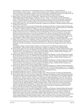 Pereira Martins e Anna Francisca do NascimentoPais da noiva: Luis Pinto Moreira e D. Ignacia Maria de
JezusTestemunhas: Alferes Antonio ... e Alferes Manoel Gonçalves Pena Celebrante e pároco: Provisão do Rev. Dr. Sr.
Francisco Pereira de Santa Apolônia, Vigário Geral e Juiz de Casamentos neste Bispado de Mariana de licença do Rev. Dr.
Luiz Lopes de Mattos, parocho desta freguesia na presença do Rev. Manoel Gonçalves Quintão.
53. Igreja Católica, N.Sra.da Conceição de Piranga-MG, Guaraciaba-MG, de Arq.de Mariana, Certidão de
Batismo(Transcrição) de Maria de Souza (?), Batismo 1794 nov - 1835 fev fl. 24v image 26 of 195. Data de nasc.:
10/04/1799Data Batismo: 06/05/1799Pais: José Joaquim de Souza e Genoveva Maria de JezusPadrinhos: Manoel Pinto
Moreira e e Francisca Thereza de Jezus, filhos de Luis Pinto MoreiraCelebrante: P.e Lourenço de Abreu LimaPároco:
Antonio Joaqm da Cunha e CastroTestemunhas: M.el Cae.to da S.a e S.za e Manoel Caetano da S.a e S.za, o moço.
54. Igreja Católica, Igreja N.S.a da Conceição de Piranga-MG, Arquidiocese de Marianna, Certidão de Batismo(Transcrição)
de Maria da Silva Correia?).
55. Igreja Católica, Igreja N.S.a da Conceição de Piranga-MG, Arquidiocese de Marianna, Certidão de Batismo(Transcrição)
de José da Silva Correa(?), Registros Paroquiais 1757-1887, No.1284539/Item 3/Livro de Batismos/Pag.149., Microfilmes
No.1284539 a 1284542. Salt Lake City: Filmado pela Socidade Genealógica de Utah, 1980.
56. Igreja Católica, Igreja N.S.a da Conceição de Piranga-MG, Arquidiocese de Marianna, Certidão de Batismo(Transcrição)
de Maria da Silva Correia?), N.o 1284539/Item 3/Livro de Batismos/Pag.130. Pais: Antonio da Silva Correia e Anna
Ribeira de Almeida.Avós paternos: Antonio Denis e Domingas Vieira, naturaes da Freg.a de S.Marcos de Callandres,
Patriarcado de Lisboa.Avós maternos: Jeronymo Ribeiro da Costa, n.al da freg.a de S.Efigênia de Serzedelo, Termo de
Barcellos, Arcebispado de Braga e Joana de almeida Camargos, n.al da Freg.a de N.Sr.a de Montecerate, Bispado se São
Paulo.Padrinhos: -Padre: Antônio Gonçalves Vieira.Pároco: -Batizado na Capella de S.Anna, filial desta Matriz.
57. Igreja Católica, Igreja N.S.a da Conceição de Piranga-MG, Arquidiocese de Marianna, Certidão de Batismo(Transcrição)
de Maria da Silva Correia?), N.o 1284539/Item 3/Livro de Batismos/Pag.130. Pais: Antonio da Silva Correia e Anna
Ribeira de Almeida.Avós paternos: Antonio Denis e Domingas Vieira, naturaes da Freg.a de S.Marcos de Callandres,
Patriarcado de Lisboa.Avós maternos: Jeronymo Ribeiro da Costa, n.al da freg.a de S.Efigênia de Serzedelo, Termo de
Barcellos,
Arcebispado de Braga e Joana de almeida Camargos, n.al da Freg.a de N.Sr.a de Montecerate, Bispado de São
Paulo.Padrinhos: -Padre: Antônio Gonçalves Vieira.Pároco: -Batizado na Capella de S.Anna, filial desta Matriz.
58. Igreja Católica, Igreja N.S.a da Conceição de Piranga-MG, Arquidiocese de Marianna, Certidão de Batismo(Transcrição)
de Catarina Martins de Souza(?), N.o 1284540/Livro de Batismos/Item 1/Pag.205. Pesquisar demais dados.Pais: Antônio
Martins de Souza e Anna Joaquina Teixeira.Avós paternos: José Martins de Souza e Antônia de Brito Camargos.Avós
maternos: Cap. Miguel Caetano Teixeira e Maria(?) Martins de Jesus(?).
59. Igreja Católica, Igreja N.S.a da Conceição de Piranga-MG, Arquidiocese de Marianna, Certidão de Batismo(Transcrição)
de Catarina Martins de Souza(?), N.o 1284540/Livro de Batismos/Item 1/Pag.205. Pesquisar demais dados.Pais: Antônio
Martins de Souza e Anna Joaquina Teixeira.Avós paternos: José Martins de Souza e Antônia de Brito Camargos.Avós
maternos: Cap. Miguel Caetano Teixeira e Maria(?) Martins de Jesus(?).
60. Igreja Católica, Igreja N.S.a da Conceição de Piranga-MG, Arquidiocese de Marianna, Certidão de Batismo(Transcrição)
de Catarina Martins de Souza(?), N.o 1284540/Livro de Batismos/Item 1/Pag.205. Pesquisar demais dados.Pais: Antônio
Martins de Souza e Anna Joaquina Teixeira.Avós paternos: José Martins de Souza e Antônia de Brito Camargos.Avós
maternos: Cap. Miguel Caetano Teixeira e Maria(?) Martins de Jesus(?).
61. Igreja Católica, Igreja N.S.a da Conceição de Piranga-MG, Arquidiocese de Marianna, Certidão de Batismo(Transcrição)
de Catarina Martins de Souza(?), N.o 1284540/Livro de Batismos 1789-1799/Item 1/Pag.205. Image 45 of 170. Pesquisar
demais dados.Pais: Antônio Martins de Souza e Anna Joaquina Teixeira.Avós paternos: José Martins de Souza e Antônia de
Brito Camargos.Avós maternos: Cap. Miguel Caetano Teixeira e Anna Martins de Jesus.
62. Informações passadas por e-mail em 12/03/2012 por Marco Silva.
63. Informações passadas por e-mail em 12/03/2012 por Marco Silva. Afirma ter nascido em Cachoeira do Brumado-MG.
64. Igreja Católica, Igreja N.S.a da Conceição de Piranga-MG, Arquidiocese de Marianna, Certidão de Batismo(Transcrição)
de Joaquim Inocêncio Gonçalves Pena, Registros Paroquiais 1757-1887, No.1284539/Item 2/Livro de Batismos/Pag.43v.,
Microfilmes No.1284539 a 1284542. Salt Lake City: Filmado pela Socidade Genealógica de Utah, 1980. Pais: Manoel
Gonçalves Pena e D.Joana Esméria da Cunha e Castro.Avós paternos: Alferes Manoel Gonçalves Pena, n.al da freg.a de
S.Salvador da Ribeira Pena, Comarca de Vila Real, Arcebispado de Braga e Maria Gonçalves de Souza n.al da freg.a de
N.Sr.a do Rosário de Sumidouro, Bispado de Mariana.Avós maternos: Alferes Antônio José de Castro, n.al da freg.a da
Cathedral da mesma cidade de Mariana e de Maria do Espírito Santo e Cunha, n.al da freg.a de N.Sr.a do Rosário de
Sumidouro, Bispado de Mariana.Padrinhos: O referido Alferes Antônio José de Castro e sua m.er D.Maria do Espírito
Santo e Cunha, desta freg.a.Celebrante: Antônio Joaquim da Cunha e Castro.Pároco: Manoel Gonçalves Fontes.Foi
batizado na Ermida de S.Antônio da Aplicação da Capella de S.Anna.
65. Igreja Católica, Igreja N.S.a da Conceição de Piranga-MG, Arquidiocese de Marianna, Certidão de Batismo(Transcrição)
de Joaquim Inocêncio Gonçalves Pena, No.1284539/Item 2/Livro de Batismos/Pag.43v. Pais: Manoel Gonçalves Pena e
D.Joana Esméria da Cunha e Castro.Avós paternos: Alferes Manoel Gonçalves Pena, n.al da freg.a de S.Salvador da
Ribeira Pena, Comarca de Vila Real, Arcebispado de Braga e Maria Gonçalves de Souza n.al da freg.a de N.Sr.a do
Rosário de Sumidouro, Bispado de Mariana.Avós maternos: Alferes Antônio José de Castro, n.al da freg.a da Cathedral da
mesma cidade de Mariana e de Maria do Espírito Santo e Cunha, n.al da freg.a de N.Sr.a do Rosário de Sumidouro,
Bispado de Mariana.Padrinhos: O referido Alferes Antônio José de Castro e sua m.er D.Maria do Espírito Santo e Cunha,
20 jun 2015 Descendentes de TÍTULO CAMARGOS Jusepe de Camargo Página 38
 