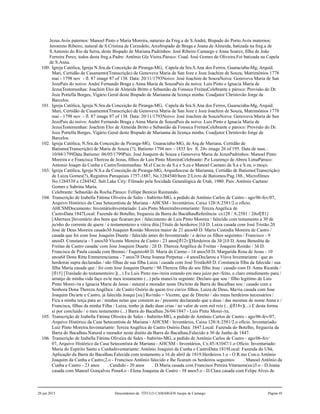 Jezus.Avós paternos: Manoel Pinto e Maria Moreira, naturais da Freg.a de S.André, Bispado do Porto.Avós maternos:
Jeronimo Ribeiro, natural de S.Cristina de Cerzedelo, Arcebispado de Braga e Joana de Almeida, batizada na freg.a de
S.Antonio do Rio da Serra, deste Bispado de Mariana.Padrinhos: José Ribeiro Camargo e Anna Soarez, filha de João
Ferreira Perez, todos desta freg.a.Padre: Antônio Glz Vieira.Pároco: Coad. José Gomes de Oliveira.Foi batizada na Capela
de S.Anna.
100. Igreja Católica, Igreja N.Sra.da Conceição de Piranga-MG, Capela da Sra.S.Ana dos Ferros, Guaraciaba-Mg, Arquid.
Mari, Certidão de Casamento(Transcrição) de Genoveva Maria de San Joze e Joze Joachim de Souza, Matrimônios 1778
mai - 1798 nov - fl. 87 image 87 of 138. Data: 20/11/1793Noivo: José Joachim de SouzaNoiva: Genoveva Maria de San
JozePais do noivo: André Fernando Braga e Anna Maria de SouzaPais da noiva: Luis Pinto e Ignacia Maria de
JezusTestemunhas: Joachim Eloi de Almeida Britto e Sebastião da Fonseca FreitasCelebrante e pároco: Provisão do Dr.
Joze Portella Borges, Vigário Geral deste Bispado de Marianna de licença minha. Coadjutor Christovão Jorge de
Barcelos.
101. Igreja Católica, Igreja N.Sra.da Conceição de Piranga-MG, Capela da Sra.S.Ana dos Ferros, Guaraciaba-Mg, Arquid.
Mari, Certidão de Casamento(Transcrição) de Genoveva Maria de San Joze e Joze Joachim de Souza, Matrimônios 1778
mai - 1798 nov - fl. 87 image 87 of 138. Data: 20/11/1793Noivo: José Joachim de SouzaNoiva: Genoveva Maria de San
JozePais do noivo: André Fernando Braga e Anna Maria de SouzaPais da noiva: Luis Pinto e Ignacia Maria de
JezusTestemunhas: Joachim Eloi de Almeida Britto e Sebastião da Fonseca FreitasCelebrante e pároco: Provisão do Dr.
Joze Portella Borges, Vigário Geral deste Bispado de Marianna de licença minha. Coadjutor Christovão Jorge de
Barcelos.
102. Igreja Católica, N.Sra.da Conceição de Piranga-MG, Guaraciaba-MG, de Arq.de Mariana, Certidão de
Batismo(Transcrição) de Maria de Souza (?), Batismo 1794 nov - 1835 fev fl. 24v image 26 of 195. Data de nasc.:
10/04/1799Data Batismo: 06/05/1799Pais: José Joaquim de Souza e Genoveva Maria de JezusPadrinhos: Manoel Pinto
Moreira e e Francisca Thereza de Jezus, filhos de Luis Pinto MoreiraCelebrante: P.e Lourenço de Abreu LimaPároco:
Antonio Joaqm da Cunha e CastroTestemunhas: M.el Cae.to da S.a e S.za e Manoel Caetano da S.a e S.za, o moço.
103. Igreja Católica, Igreja N.S.a da Conceição de Piranga-MG, Arquidiocese de Marianna, Certidão de Batismo(Transcrição)
de Luiza Gomes(?), Registros Paroquiais 1757-1887, No.1284540/Item 2/Livro de Batismos/Pag.188., Microfilmes
No.1284539 a 1284542. Salt Lake City: Filmado pela Socidade Genealógica de Utah, 1980. Pais: Antônio Caetano
Gomes e Sabrina Maria.
Celebrante: Sebastião da Rocha.Pároco: Fellipe Benício Raimundo.
104. Transcrição de Izabella Fátima Oliveira de Sales - Itabirito-MG, a pedido de Antônio Carlos de Castro - ago/06-fev/07,
Arquivo Histórico da Casa Setecentista de Mariana - AHCSM - Inventários, Caixa 128/A:2581/2.o ofício.
AHCSMDocumento: InventárioInventariado: Luis Pinto MoreiraInventariante: Tereza Angélica de
CastroData:1847Local: Fazenda do Botelho, freguesia da Barra do BacalhauReferência: cx128 / A:2581 / 2ðof[fl1]
[Abertura:]Inventário dos bens que ficaram por / falecimento de Luis Pinto Moreira / falecido com testamento a 30 de
ju/nho do corrente de quem / é testamenteiro a viúva dita.[Título de herdeiros:]1ð D. Luiza casada com José Tristão.2ð
Jose de Deus Moreira casado3ð Joaquim Romão Moreira maior de 21 anos4ð D. Maria Custodia Moreira de Castro /
casada que foi com Jose Joaquim Duarte / falecido antes do Inventariado / e deixo os filhos seguintes / Francisco - 9
anosD. Constancia - 5 anos5ð Vicente Moreira de Castro - 23 anos[fl12v][Herdeiros da 3ð:]1ð D. Anna Benedita de
Freitas de Castro casada/ com Jose Joaquim Duarte / 2ð D. Thereza Angélica de Freitas - Joaquim Romão / 3ð D.
Francisca de Paula casada com Brenno / Eugenio4ð D. Maria do Carmo - 14 anos5ð D. Margarida Rosa de Jesus - 10
anos6ð Dona Ritta Emmerencianna - 7 anos7ð Dona Joanna Perpetua - 4 anosDeclarou a Viúva Inventariante / que as
herdeiras supra declaradas / são filhas de sua filha Luiza / casada com José Tristão8ð D. Constancia filha da falecida / sua
filha Maria casada que / foi com Jose Joaquim Duarte / 9ð Thereza filha do seu filho Jose / casado com D. Anna Ricarda /
[fl15] [Traslado do testamenteiro:](...) Eu Luis Pinto mo-/reira estando em meu juízo per-/feito, e claro entedimento para /
arranjo de minha vida faço es/te meu testamento (...) pela manei/ra seguinte: Declaro que sou / filho legitimo de Luis
Pinto Morei-/ra e Ignacia Maria de Jesus / natural e morador neste Dis/trito da Barra do Bacalhau sou / casado com a
Senhora Dona Thereza Angélica / de Castro Osório de quem tive cin/co filhos, Luiza de Deus, Ma/ria casada com Jose
Joaquim Du/arte e Castro, já falecida Joaqui [sic] Ro/mão = Vicente, que de Direito / são meus herdeiros necessários /
Fica a minha terça para as / minhas netas que constem ao / presente declarando que a duas / das mesmas de nome Anna e /
Francisca, filhas da minha Filha / Luiza, tenho já dado duas crias / no valor de cem mil reis (...)[fl18v](...) E desta forma
ei por concluído / o meu testamento (...) Barra do Bacalhau 26/04/1847 - Luis Pinto Morei-/ra.
105. Transcrição de Izabella Fátima Oliveira de Sales - Itabirito-MG, a pedido de Antônio Carlos de Castro - ago/06-fev/07,
Arquivo Histórico da Casa Setecentista de Mariana - AHCSM - Inventários, Caixa 128/A:2581/2.o ofício. Inventariado:
Luiz Pinto Moreira.Inventariante: Tereza Angélica de Castro Osório.Data: 1847.Local: Fazenda do Botelho, freguezia da
Barra do Bacalhau.Natural e morador neste distito da Barra do Bacalhau,Falecido a 30 de Junho de 1847.
106. Transcrição de Izabella Fátima Oliveira de Sales - Itabirito-MG, a pedido de Antônio Carlos de Castro - ago/06-fev/
07, Arquivo Histórico da Casa Setecentista de Mariana - AHCSM - Inventários, Cx.45/A1047/1.o Ofício. Inventariado:
Maria do Espírito Santo e CunhaInventariante: Antônio Joaquim da Cunha e CastroData:1819Local: Fazenda do Ubá,
Aplicação da Barra do Bacalhau.Falecida com testamento a 16 de abril de 1819.Herdeiros:1.o - O R.mo Con.o Antônio
Joaquim da Cunha e Castro;2.o - Francisco Antônio falecido e lhe ficaram os herdeiros seguintes: . Manoel Antônio da
Cunha e Castro - 23 anos . Candido - 20 anos . D.Maria casada com Francisco Pereira Vitaraens(sic)3.o - D.Joana
casada com Manoel Gonçalves Pena4.o - Elena Joaquina de Castro - 38 anos5.o - D.Clara casada com Felipe Alves de
20 jun 2015 Descendentes de TÍTULO CAMARGOS Jusepe de Camargo Página 45
 