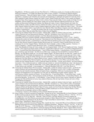 Magalhães6.o - D.Thereza casada com Luiz Pinto Moreira7.o - D.Marianna casada com o Guarda-mor Boaventura de
Bitencourt Godinho8.o - O Capitão José Batista da Cunha e Castro, casado9.o - O Guarda-mor Manoel Januário,
casado.Testamento:... Maria do Espírito Santo e Cunha ... natural e batizada na greguezia de N.Senhora do Rosário do
Sumidouro e moradora na de N.Senhora da Conceição de Guarapiranga na Aplicação da Capela de S.Anna dos Ferros ...
filhos seguintes:O padre Antonio Joaquim da Cunha e Castro; Joanna Esméria da Cunha e Castro casada com Manoel
Gonçalves Pena; Elena Joaquina da Cunha e Castro, solteira; Clara Luiza da Cunha e Castro casada com Felipe Alves de
Magalhães; Thereza Angélica de Castro Osório casada com Luis Pinto Moreiraa; Mariana Jacinta Freire de Castro,
casada com Boaventura de Bitancourt Godinho; José Batista de Cunha e Castro e Manoel Januário da Cunha. Em
Paracatu faleceu, casado, meu filho Francisco Antônio da Cunha e Castro de cujo matrimônio procederam os seguintes
filhos: Manoel Antônio da Cunha e Castro, Cândido Joaquim da Cunha e Castro e Maria da Cunha e Castro ... Aos monte
de meus bens se acham unidos os que herdei dos meus falecidos filhos Anna Maria e Joaquim como bem sabem meus
herdeiros e testamenteiros ... na ordem das minhas netas são as mais necessitadas Maria da Cunha e Castro, orfã de pai e
mãe, Anna e Maria, filhas da minha filha Clara e Felipe Alves de Magalhãe ... ...
107. Transcrição de Izabella Fátima Oliveira de Sales - Itabirito-MG, a pedido de Antônio Carlos de Castro - ago/06-fev/07,
Arquivo Histórico da Casa Setecentista de Mariana - AHCSM - Inventários, Caixa 128/A:2581/2.o ofício.
AHCSMDocumento: InventárioInventariado: Luis Pinto MoreiraInventariante: Tereza Angélica de
CastroData:1847Local: Fazenda do Botelho, freguesia da Barra do BacalhauReferência: cx128 / A:2581 / 2ðof[fl1]
[Abertura:]Inventário dos bens que ficaram por / falecimento de Luis Pinto Moreira / falecido com testamento a 30 de
ju/nho do corrente de quem / é testamenteiro a viúva dita.[Título de herdeiros:]1ð D. Luiza casada com José Tristão.2ð
Jose de Deus Moreira casado3ð Joaquim Romão Moreira maior de 21 anos4ð D. Maria Custodia Moreira de Castro /
casada que foi com Jose Joaquim Duarte / falecido antes do Inventariado / e deixo os filhos seguintes / Francisco - 9
anosD. Constancia - 5 anos5ð Vicente Moreira de Castro - 23 anos[fl12v][Herdeiros da 3ð:]
1ð D. Anna Benedita de Freitas de Castro casada/ com Jose Joaquim Duarte / 2ð D. Thereza Angélica de Freitas - Joaquim
Romão / 3ð D. Francisca de Paula casada com Brenno / Eugenio4ð D. Maria do Carmo - 14 anos5ð D. Margarida Rosa de
Jesus - 10 anos6ð Dona Ritta Emmerencianna - 7 anos7ð Dona Joanna Perpetua - 4 anosDeclarou a Viúva Inventariante /
que as herdeiras supra declaradas / são filhas de sua filha Luiza / casada com José Tristão8ð D. Constancia filha da
falecida / sua filha Maria casada que / foi com Jose Joaquim Duarte / 9ð Thereza filha do seu filho Jose / casado com D.
Anna Ricarda /[fl15] [Traslado do testamenteiro:](...) Eu Luis Pinto mo-/reira estando em meu juízo per-/feito, e claro
entedimento para / arranjo de minha vida faço es/te meu testamento (...) pela manei/ra seguinte: Declaro que sou / filho
legitimo de Luis Pinto Morei-/ra e Ignacia Maria de Jesus / natural e morador neste Dis/trito da Barra do Bacalhau sou /
casado com a Senhora Dona Thereza Angélica / de Castro Osório de quem tive cin/co filhos, Luiza de Deus, Ma/ria
casada com Jose Joaquim Du/arte e Castro, já falecida Joaqui [sic] Ro/mão = Vicente, que de Direito / são meus herdeiros
necessários / Fica a minha terça para as / minhas netas que constem ao / presente declarando que a duas / das mesmas de
nome Anna e / Francisca, filhas da minha Filha / Luiza, tenho já dado duas crias / no valor de cem mil reis (...)[fl18v](...)
E desta forma ei por concluído / o meu testamento (...) Barra do Bacalhau 26/04/1847 - Luis Pinto Morei-/ra.
108. Transcrição de Izabella Fátima Oliveira de Sales - Itabirito-MG, a pedido de Antônio Carlos de Castro - ago/06-fev/07,
Arquivo Histórico da Casa Setecentista de Mariana - AHCSM - Inventários, Cx.63/A:1367-1.o Ofício. Inventariado:
Antônio José de CastroInventariante: Maria do Espírito Santo e CunhaData: 1803Local: Fazenda denominada Ubá,
freguezia de PirangaFaleceu com testamento em 24 de maio de 1803Herdeiros:O padre Antônio Joaquim - 40
anos;Francisco Antônio, ausente em Pracatu - 36 anos;Dona Ana - 35 anos;Dona Maria - 32 anos;Dona Joana - casada
com Manoel Gonçalves Pena - 30 anos;Joaquim ausente em Pracatu - 26 anos;Dona Elena - 25 anos;Dona Thereza - 22
anos;Dona Marianna - 20 anos;José - 18 anos;Manoel - 14 anos.Antônio José de Castro, natural e batizado na Capela da
Passagem da Villa do Ribeirão do Carmo, hoje cidade de Marianna, filho do Cap.Antônio Álvares de Castro e Dona
Joanna Batista de Negreiros.
109. Transcrição de Izabella Fátima Oliveira de Sales - Itabirito-MG, a pedido de Antônio Carlos de Castro - ago/06-fev/07,
Arquivo Histórico da Casa Setecentista de Mariana - AHCSM - Inventários, Cx.:136/A:2744/2.o Ofício. Inventariado:
Thereza Angélica de Castro.Inventariante: Vicente Ferreira Moreira de Castro.Data: 1848.Local: Fazenda do Botelho,
freguezia da Barra do Bacalhau.Herdeiros:Filhos1-D.Luiza, casada com José Tristão de Freitas,2-José de Deus Moreira,
casado,3-Joaquim Romão Moreira, casado,4-D.Maria Custódia caasada que foi com José Joaquim Duarte e Castro,
falecida antes da inventariada e deixou os filhos seguintes:
1.o Francisco, 10 anos,2.o D.Constância, 6 anos,5-Vicente Moreira de Castro, casado.
110. Igreja Católica, N.Sra.da Conceição de Piranga-MG, Ermida Sto de Ubá - Guaraciaba-MG, de Arq.de Mariana, Certidão
de Batismo(Transcrição) de Antonio Pinto Moreira (?), Registros Paroquiais - Batismos 1794 nov - 1835 fev - fl. 91 v e
92 images 92 e 93 of 19. Data nasc.: -Data Bat.: 29/05/1811Pais: Luis Pinto Moreira e D,Thereza Angélica da
CunhaPadrinhos: Luis Pinto Moreira, por procuração dirigida ao Alferes Manoel Glz Penna e D. Maria do Espto Sto e
CunhaCelebrante: Por despacho do Sr. Dr. Provizor e Vigr.o Geral Marcos Antonio Mont.o Barros, o P.e Francisco
Ignacio Sigr.a TadimPároco: Manoel Glz Fontes.
111. Igreja Católica, N.Sra.da Conceição de Piranga-MG, Capella Sta Anna - Guaraciaba-MG, de Arq.de Mariana, Certidão de
Batismo(Transcrição) de Francisco Pinto Moreira (?), Registros Paroquiais - Batismos 1794 nov - 1835 fev - fl. 96v e 97
image 98 of 195. Data nasc.: - 12/05/1812Data Bat.: 29/05/1812Pais: Luis Pinto Moreira e D,Thereza Angélica de Castro
OsórioAvós paternos: Luis Pinto Moreira, natural da freguesia de Sobrado, Bispado do Porto, e Ignacia Maria de Jezus,
natural da freguesia de Rio das Pedras, comarca de Sabará, Bispado de MariannaAvós maternos: Alferes Antonio Jozé de
20 jun 2015 Descendentes de TÍTULO CAMARGOS Jusepe de Camargo Página 46
 