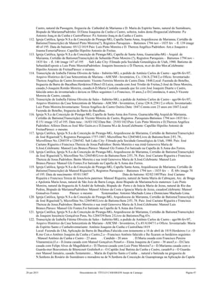 Castro, natural da Passagem, freguezia da Cathedral de Marianna e D. Maria do Espírito Santo, natural do Sumidouro,
Bispado de MariannaPadrinho: D.Elena Joaquina da Cunha e Castro, solteira, todos desta ffregueziaCelebrante: P.e
Antonio Joaq.m da Cunha e CastroPároco: P.e Antonio Joaq.m da Cunha e Castro.
112. Igreja Católica, Igreja N.S.a da Conceição de Piranga-MG, Capella Santa Anna, Arquidiocese de Marianna, Certidão de
Batismo(Transcrição) de Manoel Pinto Moreira(?), Registros Paroquiais - Batismos 1794 nov - 1835 fev - fl. 139 image
40 of 195. Data do batismo: 05/12/1819 Pais: Luis Pinto Moreira e D. Thereza Angélica Padrinhos: Ant.o Joaquim e
Joanna EsmeriaPároco: Capellão Hipolito Antonio de Freitas.
113. Igreja Católica, Igreja N.S.a da Conceição de Piranga-MG, Capella de Santa Anna, Guaraciaba-MG - Arquid. de
Marianna, Certidão de Batismo(Transcrição) de Sebastião Pinto Moreira (?), Registros Paroquiais - Batismos 1794 nov -
1835 fev - fl. 146 image 147 of 195 . Salt Lake City: Filmado pela Socidade Genealógica de Utah, 1980. Batismo de
SebastiãoExposto a Luis Pinto MoreiraPadrinhos: Joaquim Inocencio e D.Thereza, m.er do dito Mor.aCelebrante:
Hipolito Antonio de FreitasPároco: o mesmo.
114. Transcrição de Izabella Fátima Oliveira de Sales - Itabirito-MG, a pedido de Antônio Carlos de Castro - ago/06-fev/07,
Arquivo Histórico da Casa Setecentista de Mariana - AHCSM - Inventários, Cx.:136/A:2744/2.o Ofício. Inventariado:
Thereza Angélica de Castro.Inventariante: Vicente Ferreira Moreira de Castro.Data: 1848.Local: Fazenda do Botelho,
freguezia da Barra do Bacalhau.Herdeiros:Filhos1-D.Luiza, casada com José Tristão de Freitas,2-José de Deus Moreira,
casado,3-Joaquim Romão Moreira, casado,4-D.Maria Custódia caasada que foi com José Joaquim Duarte e Castro,
falecida antes da inventariada e deixou os filhos seguintes:1.o Francisco, 10 anos,2.o D.Constância, 6 anos,5-Vicente
Moreira de Castro, casado.
115. Transcrição de Izabella Fátima Oliveira de Sales - Itabirito-MG, a pedido de Antônio Carlos de Castro - ago/06-fev/07,
Arquivo Histórico da Casa Setecentista de Mariana - AHCSM - Inventários, Caixa 128/A:2581/2.o ofício. Inventariado:
Luiz Pinto Moreira.Inventariante: Tereza Angélica de Castro Osório.Data: 1847.Consta com 23 anos em 1847.Local:
Fazenda do Botelho, freguezia da Barra do Bacalhau.
116. Igreja N.S.a da Conceição de Piranga-MG, Capella de Santa Anna dos Ferros, Guaraciaba-Mg Arquid.de Marianna,
Certidão de Batismo(Transcrição) de Vicente Moreira de Castro, Registros .Paroquiais-Batismos 1794 nov-1835 fev -
fl.151 image 152 of 195. Data nasc.: 16/03/1821Data Bat.: 25/03/1821Pais: Luis Pinto Moreira e D,Thereza Angélica
Padrinhos: Alferes Dom.os Jozé Miz Guim.es e D.Joanna M.a de JezusCelebrante: Capellão Hipolito Antonio de
FreitasPároco: o mesmo.
117. Igreja Católica, Igreja N.S.a da Conceição de Piranga-MG, Arquidiocese de Marianna, Certidão de Batismo(Transcrição)
de José Rigueiral(?), Registros Paroquiais 1757-1887, Microfilme No.1284540/Livro de Batismo/Item 2/Fl..78.,
Microfilmes No.1284539 a 1284542. Salt Lake City: Filmado pela Socidade Genealógica de Utah, 1980. Pais: José
Caetano Rigueira e Francisca Thereza de Jesus.Padrinhos: Bento Moreira e sua irmã Genoveva Maria de
S.José.Celebrante: Manoel Luis Branco.Pároco: Manoel Glz Fontes.Foi batizado na Capella de S.Anna dos Ferros.
118. Igreja Católica, Igreja N.S.a da Conceição de Piranga-MG, Arquidiocese de Marianna, Certidão de Batismo(Transcrição)
de José Rigueiral(?), Microfilme No.1284540/Livro de Batismo/Item 2/Fl..78. Pais: José Caetano Rigueira e Francisca
Thereza de Jesus.Padrinhos: Bento Moreira e sua irmã Genoveva Maria de S.José.Celebrante: Manoel Luis
Branco.Pároco: Manoel Glz Fontes.Foi batizado na Capella de S.Anna dos Ferros.
119. Igreja Católica, Igreja N.S.a da Conceição de Piranga-MG, Capella Santa Anna, Arquidiocese de Marianna, Certidão de
Batismo(Transcrição) de Manoel Riqueira(?), Registros Paroquiais - Batismos 1794 nov - 1835 fev - fl. 68v image 70
of 195. Data de nascimento: 05/01/1807 Data do batismo: 02/02/1807Pais: José Caetano
Riqueira e Francisca Tereza de JesusAvós paternos: Manoel Riqueira, natural de Santa Maria de Cabraçam, Arc. de Braga
e Apolonia Maria Jesus, natural de São Joze de Barra Longa, deste Bispado de MariannaAvós maternos: Luis Pinto
Moreira, natural da freguezia de S.André de Sobrado, Bispado do Porto e de Inácia Maria de Jezus, natural de Rio das
Pedras, Bispado de MariannaPadrinhos: Manoel Afonso da Costa e Ignacia Maria de Jezus, casadosCelebrante: Manoel
Gonsalves Fontes Pároco: o mesmo Testemunhas: Antonio Machado Lima e Domiciano Machado Lima.
120. Igreja Católica, Igreja N.S.a da Conceição de Piranga-MG, Arquidiocese de Marianna, Certidão de Batismo(Transcrição)
de José Rigueiral(?), Microfilme No.1284540/Livro de Batismo/Item 2/Fl..78. Pais: José Caetano Rigueira e Francisca
Thereza de Jesus.Padrinhos: Bento Moreira e sua irmã Genoveva Maria de S.José.Celebrante: Manoel Luis
Branco.Pároco: Manoel Glz Fontes.Foi batizado na Capella de S.Anna dos Ferros.
121. Igreja Católica, Igreja N.S.a da Conceição de Piranga-MG, Arquidiocese de Marianna, Certidão de Batismo(Transcrição)
de Joaquim Inocêncio Gonçalves Pena, No.1284539/Item 2/Livro de Batismos/Pag.43v.
122. Transcrição de Izabella Fátima Oliveira de Sales - Itabirito-MG, a pedido de Antônio Carlos de Castro - ago/06-fev/07,
Arquivo Histórico da Casa Setecentista de Mariana - AHCSM - Inventários, Cx.45/A1047/1.o Ofício. Inventariado: Maria
do Espírito Santo e CunhaInventariante: Antônio Joaquim da Cunha e CastroData:1819
Local: Fazenda do Ubá, Aplicação da Barra do Bacalhau.Falecida com testamento a 16 de abril de 1819.Herdeiros:1.o - O
R.mo Con.o Antônio Joaquim da Cunha e Castro;2.o - Francisco Antônio falecido e lhe ficaram os herdeiros seguintes:
. Manoel Antônio da Cunha e Castro - 23 anos . Candido - 20 anos . D.Maria casada com Francisco Pereira
Vitaraens(sic)3.o - D.Joana casada com Manoel Gonçalves Pena4.o - Elena Joaquina de Castro - 38 anos5.o - D.Clara
casada com Felipe Alves de Magalhães6.o - D.Thereza casada com Luiz Pinto Moreira7.o - D.Marianna casada com o
Guarda-mor Boaventura de Bitencourt Godinho8.o - O Capitão José Batista da Cunha e Castro, casado9.o - O Guarda-
mor Manoel Januário, casado.Testamento:... Maria do Espírito Santo e Cunha ... natural e batizada na greguezia de
N.Senhora do Rosário do Sumidouro e moradora na de N.Senhora da Conceição de Guarapiranga na Aplicação da Capela
20 jun 2015 Descendentes de TÍTULO CAMARGOS Jusepe de Camargo Página 47
 