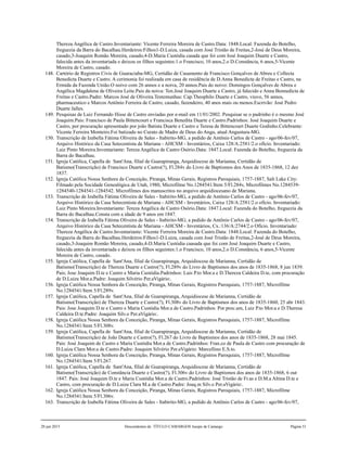 Thereza Angélica de Castro.Inventariante: Vicente Ferreira Moreira de Castro.Data: 1848.Local: Fazenda do Botelho,
freguezia da Barra do Bacalhau.Herdeiros:Filhos1-D.Luiza, casada com José Tristão de Freitas,2-José de Deus Moreira,
casado,3-Joaquim Romão Moreira, casado,4-D.Maria Custódia casada que foi com José Joaquim Duarte e Castro,
falecida antes da inventariada e deixou os filhos seguintes:1.o Francisco, 10 anos,2.o D.Constância, 6 anos,5-Vicente
Moreira de Castro, casado.
148. Cartório de Registros Civis de Guaraciaba-MG, Certidão de Casamento de Francisco Gonçalves de Abreu e Collecta
Benedicta Duarte e Castro. A cerimonia foi realizada em casa de residência de D.Anna Benedicta de Freitas e Castro, na
Ermida da Fazenda União.O noivo com 26 annos e a noiva, 20 annos.Pais do noivo: Domingos Gonçalves de Abreu e
Angélica Magdalena de Oliveira Leite.Pais da noiva: Ten.José Joaquim Duarte e Castro, já falecido e Anna Bennedicta de
Freitas e Castro.Padre: Marcos José de Oliveira.Testemunhas: Cap.Theophilo Duarte e Castro, viuvo, 56 annos,
pharmaceutico e Marcos Antônio Ferreira de Castro, casado, fazendeiro, 40 anos mais ou menos.Escrivão: José Pedro
Duarte Jalles.
149. Pesquisas de Luiz Fernando Hisse de Castro enviadas por e-mail em 11/01/2002. Pesquisar se o padrinho é o mesmo José
Joaquim.Pais: Francisco de Paula Bittencourt e Francisca Benedita Duarte e Castro.Padrinhos: José Joaquim Duarte e
Castro, por procuração apresentado por joão Batista Duarte e Castro e Teresa de Bittencourt Duarte Godinho.Celebrante:
Vicente Ferreira Monteiro.Foi batizado no Curato de Madre de Deus do Angu, atual Angustura-MG.
150. Transcrição de Izabella Fátima Oliveira de Sales - Itabirito-MG, a pedido de Antônio Carlos de Castro - ago/06-fev/07,
Arquivo Histórico da Casa Setecentista de Mariana - AHCSM - Inventários, Caixa 128/A:2581/2.o ofício. Inventariado:
Luiz Pinto Moreira.Inventariante: Tereza Angélica de Castro Osório.Data: 1847.Local: Fazenda do Botelho, freguezia da
Barra do Bacalhau.
151. Igreja Católica, Capella de Sant'Ana, filial de Guarapiranga, Arquidiocese de Marianna, Certidão de
Batismo(Transcrição) de Francisco Duarte e Castro(?), Fl.284v do Livro de Baptismos dos Anos de 1835-1868, 12 dez
1837.
152. Igreja Católica Nossa Senhora da Conceição, Piranga, Minas Gerais, Registros Paroquiais, 1757-1887, Salt Lake City:
Filmado pela Socidade Genealógica de Utah, 1980, Microfilme No.1284541/Item 5/Fl.284v, Microfilmes No.1284539-
1284540-1284541-1284542. Microfilmes dos manuscritos no arquivo arquidiocesano de Mariana.
153. Transcrição de Izabella Fátima Oliveira de Sales - Itabirito-MG, a pedido de Antônio Carlos de Castro - ago/06-fev/07,
Arquivo Histórico da Casa Setecentista de Mariana - AHCSM - Inventários, Caixa 128/A:2581/2.o ofício. Inventariado:
Luiz Pinto Moreira.Inventariante: Tereza Angélica de Castro Osório.Data: 1847.Local: Fazenda do Botelho, freguezia da
Barra do Bacalhau.Consta com a idade de 9 anos em 1847.
154. Transcrição de Izabella Fátima Oliveira de Sales - Itabirito-MG, a pedido de Antônio Carlos de Castro - ago/06-fev/07,
Arquivo Histórico da Casa Setecentista de Mariana - AHCSM - Inventários, Cx.:136/A:2744/2.o Ofício. Inventariado:
Thereza Angélica de Castro.Inventariante: Vicente Ferreira Moreira de Castro.Data: 1848.Local: Fazenda do Botelho,
freguezia da Barra do Bacalhau.Herdeiros:Filhos1-D.Luiza, casada com José Tristão de Freitas,2-José de Deus Moreira,
casado,3-Joaquim Romão Moreira, casado,4-D.Maria Custódia caasada que foi com José Joaquim Duarte e Castro,
falecida antes da inventariada e deixou os filhos seguintes:1.o Francisco, 10 anos,2.o D.Constância, 6 anos,5-Vicente
Moreira de Castro, casado.
155. Igreja Católica, Capella de Sant'Ana, filial de Guarapiranga, Arquidiocese de Marianna, Certidão de
Batismo(Transcrição) de Thereza Duarte e Castro(?), Fl.289v do Livro de Baptismos dos anos de 1835-1868, 8 jun 1839.
Pais; Jose Joaquim D.te e Castro e Maria Custódia.Padrinhos: Luis P.to Mor.a e D.Thereza Caldeira D.te, com procuração
de D.Luiza Mor.a.Padre: Joaquim Silvério Per.aVigário:.
156. Igreja Católica Nossa Senhora da Conceição, Piranga, Minas Gerais, Registros Paroquiais, 1757-1887, Microfilme
No.1284541/Item 5/Fl.289v.
157. Igreja Católica, Capella de Sant'Ana, filial de Guarapiranga, Arquidiocese de Marianna, Certidão de
Batismo(Transcrição) de Thereza Duarte e Castro(?), Fl.308v do Livro de Baptismos dos anos de 1835-1860, 25 abr 1843.
Pais: Jose Joaquim D.te e Castro e Maria Custódia Mor.a de Castro.Padrinhos: Por proc.am, Luiz P.to Mor.a e D.Theresa
Caldeira D.te.Padre: Joaquim Silv.o Per.aVigário:.
158. Igreja Católica Nossa Senhora da Conceição, Piranga, Minas Gerais, Registros Paroquiais, 1757-1887, Microfilme
No.1284541/Item 5/Fl.308v.
159. Igreja Católica, Capella de Sant'Ana, filial de Guarapiranga, Arquidiocese de Marianna, Certidão de
Batismo(Transcrição) de João Duarte e Castro(?), Fl.267 do Livro de Baptismos dos anos de 1835-1868, 28 mai 1845.
Pais: José Joaquim de Castro e Maria Custódia Mor.a de Castro.Padrinhos: Fran.co de Paula de Castro com procuração de
D.Luiza Clara Mor.a de Castro.Padre: Joaquim Silvério Per.aVigário: Marcellino E.S.to.
160. Igreja Católica Nossa Senhora da Conceição, Piranga, Minas Gerais, Registros Paroquiais, 1757-1887, Microfilme
No.1284541/Item 5/Fl.267.
161. Igreja Católica, Capella de Sant'Ana, filial de Guarapiranga, Arquidiocese de Marianna, Certidão de
Batismo(Transcrição) de Constância Duarte e Castro(?), Fl.306v do Livro de Baptismos dos anos de 1835-1868, 6 out
1847. Pais: José Joaquim D.te e Maria Custódia Mor.a de Castro.Padrinhos: José Tristão de Fr.as e D.M.a Altina D.te e
Castro, com procuração de D.Luiza Clara M.a de Castro.Padre: Joaq.m Silv.o Per.aVigário:.
162. Igreja Católica Nossa Senhora da Conceição, Piranga, Minas Gerais, Registros Paroquiais, 1757-1887, Microfilme
No.1284541/Item 5/Fl.306v.
163. Transcrição de Izabella Fátima Oliveira de Sales - Itabirito-MG, a pedido de Antônio Carlos de Castro - ago/06-fev/07,
20 jun 2015 Descendentes de TÍTULO CAMARGOS Jusepe de Camargo Página 51
 
