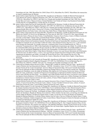 Genealógica de Utah, 1980, Microfilme No.1284512/Item 3/Fl.5v, Microfilme No.1284512. Microfilmes dos manuscritos
no arquivo arquidiocesano de Mariana.
207. Igreja Católica, Igreja Sant'Ana de Guaraciaba-MG, Arquidiocese de Marianna, Certidão de Batismo(Transcrição) de
Luiza Moreira de Castro(?), Registros Paroquiais 1851-1907, No.1284512/Livro de Batismos dos anos de 1850-
1870/Fl.44., Microfilme No.1284512. Salt Lake City: Filmado pela Socidade Genealógica de Utah, 1980. Pais: Joaq.m
Romão Mor.a de Castro e Thereza de Jesus e Freitas.Padrinhos: José Tristão de Freitas e Ana Ricarda de Freitas.Padre:
Camillo Miz.Per. de AndradePároco: Camillo Miz Per. de Andrade.
208. Igreja Católica, Igreja Sant'Ana de Guaraciaba-MG, Arquidiocese de Marianna, Certidão de Batismo(Transcrição) de
Augusta Moreira de Castro(?), Registros Paroquiais 1851-1907, No.1284512/Livro de Batismos dos anos de 1850-
1870/Fl.153.6., Microfilme No.1284512. Salt Lake City: Filmado pela Socidade Genealógica de Utah, 1980. Pais: Cap.
Joaquim Romão Mor.a de Castro e Thereza de J.s Freitas e Castro.Padrinhos: Ricardo Ant.o Montr.o de Carvalho e
Margarida Monteiro de Freitas Castro, todos desta freg.a.Padre:Pároco: Felippe Benício Raymundo Nonato.
209. Igreja Católica, Igreja Sant'Ana de Guaraciaba-MG, Arquidiocese de Marianna, Certidão de Batismo(Transcrição) de José
Moreira de Castro(?), Fl.38 do Livro de Baptismos No.3 dos anos de 1869-1907, 27/mm/1872. Pais: Joaq.m Romão
Moreira de Castro e Thereza de Jezus Freitas e CastroPadrinhos: Francisco Neves Freitas e Castro e D.Maria Carolina de
Azevedo e Castro.Padre: Cônego Franc.o de Paula Rocha Nunan(?).Vigário: Benício.
210. Igreja Católica Sant'Anna, Guaraciaba-MG, Registros Paroquiais, 1851-1907, Microfilme No.1284512/Item 4/Fl.38.
211. Igreja Católica-Oratório da Fazenda do Jurumiry, Parochia de Sant'Anna de Guaraciaba-MG, Archidiocese de Marianna,
Certidão de Casamento de Luiz José Pinto Coelho da Cunha e Anna Zeferina Ferreira, Pag.4 do Livro 1.o de Casamento
desta Paroquia de Guaraciaba. Na certidão consta que o contraente tinha 54 anos de idade(nascido em 1796) e a
contraente 50 anos(nascida em 1800). Forão dispensados de impedimento de parentesco que tinham. Na certidão de óbito
do contraente(1890) consta que ele teria 89 anos (nascido em 1801 em Ouro Preto-MG). Na certidão também consta que
ele era viúvo de Henriquetta Magdalena de Oliveira Leite.Testemunhas: Cel.Domiciano Ferreira de Sá e Castro e
Marcelino da Cunha Osório.Vigário: Felipe Benicio Raimundo. O noivo viuvo que fora por falecimento de D.Henriqueta
de Oliveira Leite, de edade 54 anos, e a noiva, viuvo que ficara de Joaquim Inocencio Gonçalves Pena, dispensados do
impedimento de parentesco que tinhão, e de edade de 50 anos.Pais do noivo: Não constam.Pais da noiva: Não
constam.Testemunhas: Ce. Domiciano Ferreira de Sá e Castro e Marcelino da Cunha Osório.Vigário: Felipe Benicio
Raimundo.
212. Igreja Católica, Igreja N.S.a da Conceição de Piranga-MG, Arquidiocese de Marianna, Certidão de Batismo(Transcrição)
de Joaquim Gonçalves Pena(?), Registros Paroquiais 1757-1887, No.1284540/Item 2/Livro de Batismos/Pag.161.,
Microfilmes No.1284539 a 1284542. Salt Lake City: Filmado pela Socidade Genealógica de Utah, 1980.
213. Transcrição de Izabella Fátima Oliveira de Sales - Itabirito-MG, a pedido de Antônio Carlos de Castro - ago/06-fev/07,
Arquivo Histórico da Casa Setecentista de Mariana - AHCSM - Inventários, Caixa: 23/A:577/2.o Ofício. Inventariado:
Vicente Ferreira de Sá e Castro.Inventariante: Jenoveva Maria do Sacramento.Data: 1827.Local: Fazenda denominada
Boa Vista da Aplicação da Barra do Bacalhau, freguezia de Piranga.Faleceu em 23 de abril do corrente ano. Natural da
Freguezia do Sumidouro, termo da cidade de Marianna, filho legítimo do Cel.Francisco Ferreira dos Santos e D.Elena
Maria de Castro, já falecidos e morador da Freguezia do Guarapiranga na Aplicação da Senhora Santana da Barra dos
Ferros, nesta Villa Rica do Ouro Preto.... em segundo a meu irmão Serafim Ferreira de Jesus e em terceiro a meu cunhado
José Ignácio Pereira.Herdeiros:1-D.Vicência Leopoldina Ferreira de Castro casado com o Alferes Domingos José Martins
Guimaraens;2-Antonio Francisco Ferreira de Castro, solteiro, 29 anos;3-Maria Joaquina do Sacramento, casada com o
Guarda-mor Januário da Cunha e Castro;
4-Anna Zeferina Ferreira de Castro, casada com Joaquim Innocencio Pena e Castro;5-Francisco Ferreira dos Santos,
solteiro, 25 anos;6-José de Deos Ferreira de Castro, solteiro, 16 anos;7-Serafim Ferreira de Castro, solteiro, 16 anos;8-
Domiciano Ferreira de Castro, 5 anos;9-Marco Antonio Ferreira de Castro, 4 anos.
214. Igreja Católica, Igreja N.S.a da Conceição de Piranga-MG, Arquidiocese de Marianna, Certidão de Batismo(Transcrição)
de Joaquim Inocêncio Gonçalves Pena, No.1284539/Item 2/Livro de Batismos/Pag.43v. Pais: Manoel Gonçalves Pena e
D.Joana Esméria da Cunha e Castro.Avós paternos: Alferes Manoel Gonçalves Pena, n.al da freg.a de S.Salvador da
Ribeira Pena, Comarca de Vila Real, Arcebispado de Braga e Maria Gonçalves de Souza n.al da freg.a de N.Sr.a do
Rosário de Sumidouro, Bispado de Mariana.Avós maternos: Alferes Antônio José de Castro, n.al da freg.a da Cathedral da
mesma cidade de Mariana e de Maria do Espírito Santo e Cunha, n.al da freg.a de N.Sr.a do Rosário de Sumidouro,
Bispado de Mariana.Padrinhos: O referido Alferes Antônio José de Castro e sua m.er D.Maria do Espírito Santo e Cunha,
desta freg.a.Celebrante: Antônio Joaquim da Cunha e Castro.Pároco: Manoel Gonçalves Fontes.Foi batizado na Ermida de
S.Antônio da Aplicação da Capella de S.Anna.
215. Igreja Católica, Igreja N.S.a da Conceição de Piranga-MG, Arquidiocese de Marianna, Certidão de Batismo(Transcrição)
de Joaquim Gonçalves Pena(?), No.1284540/Item 2/Livro de Batismos/Pag.161. Pais: Joaquim Inocêncio Pena e D.Ana
Zeferina.Avós patermos: não constam.Avós maternos: vide padrinhos.Padrinhos: Tenente Vicente Ferreira de Sá e Castro
e D.Genoveva, avós do in.e.Celebrante: Capellão Hipolito Ant.o de Freitas.Padre: Capellão Hipolito Ant.o de Freitas.Foi
batizado na fazena do Alferes Manoel Gonçalves Pena.
216. Transcrição de Izabella Fátima Oliveira de Sales - Itabirito-MG, a pedido de Antônio Carlos de Castro - ago/06-fev/07,
Arquivo Histórico da Casa Setecentista de Mariana - AHCSM - Inventários, Caixa: 23/A:577/2.o Ofício. Inventariado:
Vicente Ferreira de Sá e Castro.Inventariante: Jenoveva Maria do Sacramento.Data: 1827.Local: Fazenda denominada
Boa Vista da Aplicação da Barra do Bacalhau, freguezia de Piranga.Faleceu em 23 de abril do corrente ano. Natural da
20 jun 2015 Descendentes de TÍTULO CAMARGOS Jusepe de Camargo Página 55
 