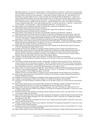 filha Maria casada que / foi com Jose Joaquim Duarte / 9ð Thereza filha do seu filho Jose / casado com D. Anna Ricarda /
[fl15] [Traslado do testamenteiro:](...) Eu Luis Pinto mo-/reira estando em meu juízo per-/feito, e claro entedimento para /
arranjo de minha vida faço es/te meu testamento (...) pela manei/ra seguinte: Declaro que sou / filho legitimo de Luis
Pinto Morei-/ra e Ignacia Maria de Jesus / natural e morador neste Dis/trito da Barra do Bacalhau sou / casado com a
Senhora Dona Thereza Angélica / de Castro Osório de quem tive cin/co filhos, Luiza de Deus, Ma/ria casada com Jose
Joaquim Du/arte e Castro, já falecida Joaqui [sic] Ro/mão = Vicente, que de Direito / são meus herdeiros necessários /
Fica a minha terça para as / minhas netas que constem ao / presente declarando que a duas / das mesmas de nome Anna e /
Francisca, filhas da minha Filha / Luiza, tenho já dado duas crias / no valor de cem mil reis (...)[fl18v](...) E desta forma
ei por concluído / o meu testamento (...) Barra do Bacalhau 26/04/1847 - Luis Pinto Morei-/ra.
242. Igreja Católica, Nossa Senhora da Conceição, Ouro Preto-MG, Arquidiocese de Marianna, Certidão de
Batismo(Transcrição) de Christiano Dias de Carvalho(?).
243. Igreja Católica, Nossa Senhora da Conceição, Ouro Preto-MG, Arquidiocese de Marianna, Certidão de
Batismo(Transcrição) de Christiano Dias de Carvalho(?).
244. Igreja Católica, Nossa Senhora da Conceição, Ouro Preto-MG, Arquidiocese de Marianna, Certidão de
Batismo(Transcrição) de Christiano Dias de Carvalho(?), Fl.96 do Livro de Baptismos No.10 dos anos de 1846-1862.
245. Igreja Católica Nossa Senhora da Conceição de Ouro Preto-MG, Arquidiocese de Mariana-MG, Registros Paroquiais,
1710-1951, Salt Lake City: Filmado pela Socidade Genealógica de Utah, 1980, Microfilme No.1284548/Item 10/Fl.96.,
Microfilme No.1284546 a 1284554. Microfilmes dos manuscritos no arquivo arquidiocesano de Mariana.
246. Igreja Católica, Nossa Senhora Senhora da Conceição de Ouro Preto-MG, Matriz, Arquidiocese de Mariana, Certidão de
Óbito(Transcrição) de Eugênia Dias de Carvalho(?), Fl.18v do Livro de Óbitos dos anos de 1856-1881. Filha de Bruno
Eugênio Dias de Carvalho e D.Francisca de Paula Freitas e Castro.
247. Igreja Católica Nossa Senhora da Conceição de Ouro Preto-MG, Arquidiocese de Mariana-MG, Registros Paroquiais,
1710-1951, Microfilme No.1284553/Item 7/Fl.18v.
248. Rodrigues de Oliveira Leal, Waldemar, Genealogia Familias Nogueira da Gama e Gomes Leal, Pag.45/Item IV-4.
249. Igreja Católica, Igreja Sant'Ana de Guaraciaba-MG, Arquidiocese de Marianna, Certidão de Batismo(Transcrição) de
Fernando Monteiro da Gama(?). Foi batisado no Oratório da Fazenda do Turvo.Pais: Cap.m Francisco Herculano
Monteiro da Gama e Rita Feliciana Montei.o de Freitas e Castro.Padrinhos: J.e Tristão de Freitas e Anacleta Antônia
Monteiro Nogu.a da Gama.Padre: Ant.o Elias Patr.o Salles.Vigário: Benício.
250. Trindade, Conego Raymundo, Velhos Troncos Mineiros, Vol.II/Pag.79/Tit.Nogueira da Gama/BN12.
251. Informação via e-mail de Maurício J.Monteiro de Barros em 26 out 2003. Consta com o nome de Rita de Cássia Moreira
de Castro.
252. Transcrição de Izabella Fátima Oliveira de Sales - Itabirito-MG, a pedido de Antônio Carlos de Castro - ago/06-fev/07,
Arquivo Histórico da Casa Setecentista de Mariana - AHCSM - Inventários, Caixa 128/A:2581/2.o ofício. Inventariado:
Luiz Pinto Moreira.Inventariante: Tereza Angélica de Castro Osório.Data: 1847.Local: Fazenda do Botelho, freguezia da
Barra do Bacalhau.Consta com o nome de Ritta Emmerencianna e com a idade de 7 anos.
253. Igreja Católica, N.Sra.da Conceição de Piranga-MG, Arq.de Mariana, Certidão de Batismo(Transcrição) de Rita Feliciana
de Freitas e Castro, Registros Paroquiais - Batismos 1835 mar - 1878 set - fl. 304 image 112 of 195. Batismo de Rita
Data do nascimento: 11/05/1842Data do batismo: 21/05/1842
Padrinhos: Francisco de Freitas Braga e D. Thereza de Jezus FreitasCelebrante: Rev.do Joaquim Silv.a Per.aPároco: -.
254. Igreja Católica, Igreja Sant'Ana de Guaraciaba-MG, Arquidiocese de Marianna, Certidão de Batismo(Transcrição) de
Fernando Monteiro da Gama(?).
255. Rodrigues de Oliveira Leal, Waldemar, Genealogia Familias Nogueira da Gama e Gomes Leal, Pag.45/Item IV-4.
256. Trindade, Conego Raymundo, Velhos Troncos Mineiros, Vol.II/Pag.79/Tit.Nogueira da Gama/BN12.
257. Informação via e-mail de Maurício J.Monteiro de Barros em 26 out 2003. Consta com o nome de Rita de Cássia Moreira
de Castro.
258. Igreja Católica, Igreja Sant'Ana de Guaraciaba-MG, Arquidiocese de Marianna, Certidão de Batismo(Transcrição) de
Fernando Monteiro da Gama(?), Fl.13 do Livro de Baptismos dos anos de 1850-1870, 19 ago 1862.
259. Igreja Católica Sant'Anna, Guaraciaba-MG, Registros Paroquiais, 1851-1907, Microfilme No.1284512/Item 3/Fl.13.
260. Trindade, Conego Raymundo, Velhos Troncos Mineiros, Vol.II/Pag.79/Tit.Nogueira da Gama/BN12. Consta com o nome
de Isabel de Freitas Castro.
261. Rodrigues de Oliveira Leal, Waldemar, Genealogia Familias Nogueira da Gama e Gomes Leal, Pag.45/Item IV-3. Consta
com o nome de Isabel de Freitas Castro.
262. Igreja Católica, Igreja Sant'Ana de Guaraciaba-MG, Arquidiocese de Marianna, Certidão de Batismo(Transcrição) de José
Monteiro da Gama, Registros Paroquiais 1851-1907, Microfilme No.1284512. Salt Lake City: Filmado pela Socidade
Genealógica de Utah, 1980.
263. Trindade, Cônego Raymundo, Genealogias da Zona do Carmo, Nogueira da Gama/Cap.III/Bn 16/Pag.466. Consta com o
nome de Isabel de Freitas Castro.
264. Trindade, Conego Raymundo, Velhos Troncos Mineiros, Vol.II/Pag.79/Tit.Nogueira da Gama/BN12. Consta com o nome
de Anacleto Xavier Nogueira da Gama.
265. Rodrigues de Oliveira Leal, Waldemar, Genealogia Familias Nogueira da Gama e Gomes Leal, Pag.45/Item IV-3. Consta
com o nome de Anacleto Xavier Nogueira da Gama.
266. Igreja Católica, Igreja Sant'Ana de Guaraciaba-MG, Arquidiocese de Marianna, Certidão de Batismo(Transcrição) de José
20 jun 2015 Descendentes de TÍTULO CAMARGOS Jusepe de Camargo Página 58
 