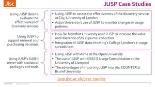 JUSP Case Studies
Using JUSP data to
evaluate the
effectiveness of
discovery services
• Using JUSP to assess the effective...