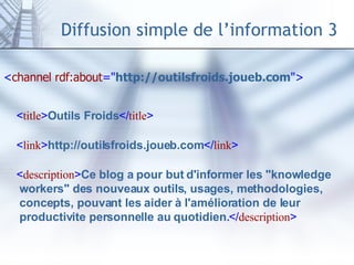Diffusion simple de l’information 3 < channel rdf:about =" http://outilsfroids.joueb.com ">     < title > Outils Froids </ title >       < link > http://outilsfroids.joueb.com </ link >       < description > Ce blog a pour but d'informer les "knowledge workers" des nouveaux outils, usages, methodologies, concepts, pouvant les aider à l'amélioration de leur productivite personnelle au quotidien. </ description >   