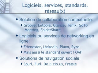 Logiciels, services, standards, réseau(x) Solution de collaboration contextuelle: Groove ,  Entopia ,  Glance ,  Tenix ,  GoTo  Meeting ,  FolderShare Logiciels ou services de networking en ligne: Friendster ,  LinkedIn ,  Plaxo ,  Ryze Mais aussi le standard ouvert FOAF Solutions de navigation sociale: Spurl ,  Furl ,  De.li. cio .us ,  Frassle 