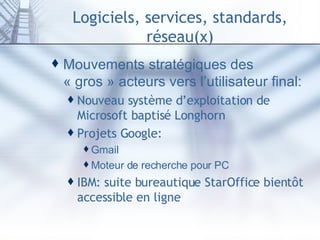 Logiciels, services, standards, réseau(x) Mouvements stratégiques des « gros » acteurs vers l’utilisateur final: Nouveau système d’exploitation de Microsoft baptisé  Longhorn   Projets Google: Gmail Moteur de recherche pour PC IBM : suite bureautique StarOffice bientôt accessible en ligne 