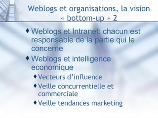 Weblogs et organisations, la vision « bottom-up » 2 Weblogs et Intranet: chacun est responsable de la partie qui le concerne Weblogs et intelligence economique Vecteurs d’influence Veille concurrentielle et commerciale Veille tendances marketing 