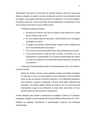 32




Observação: Para gerar um momento de atenção especial, pedir aos alunos que
olhem as imagens do caderno do aluno lentamente, e sem ler as informações sobre
as imagens. Logo depois pedir para que fechem os cadernos e, sem ver as imagens,
conversem sobre elas. (O que terá ficado de mais significativo na lembrança? O que
há em comum entre elas? O que as diferenciam?).

      2º Momento: Questionamentos:

          Na época de Veermer não havia luz elétrica. Isso poderia ser a causa
             de seu modo de usar a luz?
          Por que Umberto Boccioni terá dado o título Dinamismo de um jogador
             de futebol á sua obra?
          O espaço nos trabalhos tridimensionais, também sofre a influência da
             luz? A luz desenha planos de espaço?
          A luz é linha na obra de Carmela Gross? Que sensações ela provoca?
          O que você percebe no jogo de claro e escuro, de sombra e luz, de
             transparência e luminosidade? A luz reforça expressividade das obras?
             A s cores se modificam e se transformam pela presença de do jogo de
             luz e sombra?

      3º Momento: Experimentação artística: Na expressividade da luz, da sombra e
do auto contraste.

      Buscar em revistas, jornais e outros materiais, imagens de retratos, paisagens
      ou interiores em que a luz seja tratada de modo expressivo. Procure também
      obras de arte de diversos momentos históricos e com diferentes linguagens,
      como desenho, a gravura, a fotografia, o cinema, entre outras, diferentes das
      estudadas. Com papel vegetal mapear as zonas de luz e as zonas escuras
      evidenciando o jogo de luz eliminando os meios tons, para tanto, um novo
      desenho pode ser feito através do mapeamento.

Fontes utilizadas para ampliar a perspectiva do professor: Caderno do professor.
Linguagem, códigos e suas tecnologias Arte Ensino Médio primeira série vol.3, 2011.

Critérios de avaliação: Persistência na aprendizagem, empenho nas atividades
desenvolvidas.
 