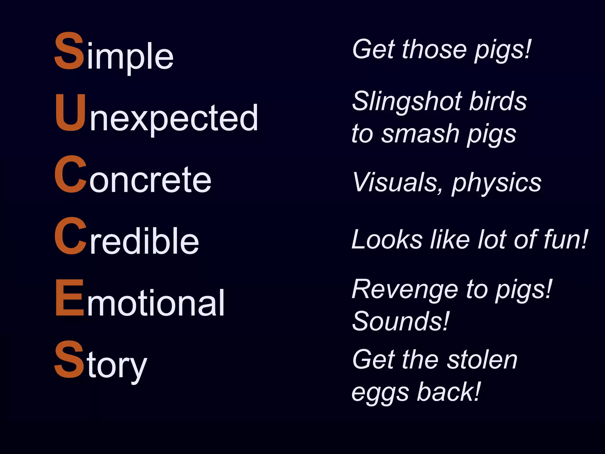 Simple       Get those pigs!
             Slingshot birds
Unexpected   to smash pigs
Concrete     Visuals, physics

Credible     Looks like lot of fun!
             Revenge to pigs!
Emotional    Sounds!
Story        Get the stolen
             eggs back!
 
