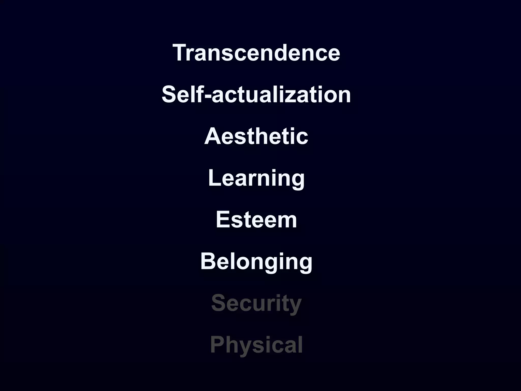 Transcendence
Self-actualization
    Aesthetic
    Learning
     Esteem
   Belonging
    Security
    Physical
 