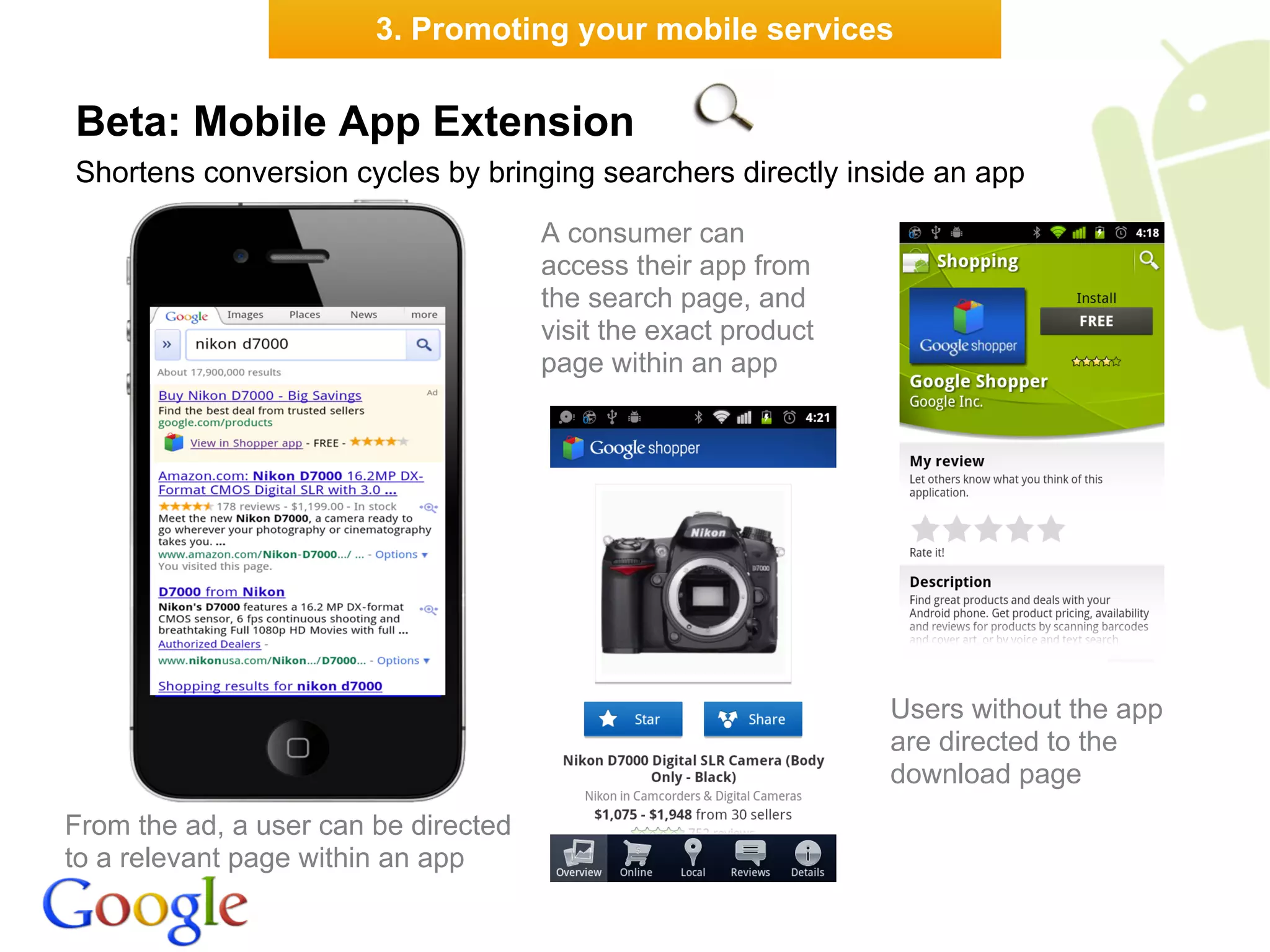 3. Promoting your mobile services


Beta: Mobile App Extension
Shortens conversion cycles by bringing searchers directly inside an app

                                      A consumer can
                                      access their app from
                                      the search page, and
                                      visit the exact product
                                      page within an app




                                                                Users without the app
                                                                are directed to the
                                                                download page
From the ad, a user can be directed
to a relevant page within an app
 