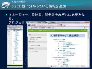 Step3: 既に分かっている情報を追加
 マネージャー、設計者、開発者それぞれに必要とな
る、
プロジェクト特有の情報を記載
1. Sphinx紹介
10
 