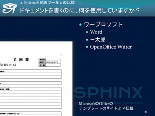 ドキュメントを書くのに、何を使用していますか？
 ワープロソフト
 Word
 一太郎
 OpenOffice Writer
2. Sphinxと他のツールとの比較
MicrosoftのOfficeの
テンプレートのサイトより転載
21
 