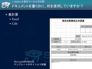 ドキュメントを書くのに、何を使用していますか？
 表計算
 Excel
 Calc
2. Sphinxと他のツールとの比較
MicrosoftのOfficeの
テンプレートのサイトより転載
24
 