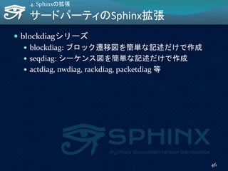 サードパーティのSphinx拡張
 blockdiagシリーズ
 blockdiag: ブロック遷移図を簡単な記述だけで作成
 seqdiag: シーケンス図を簡単な記述だけで作成
 actdiag, nwdiag, rackdiag, packetdiag 等
4. Sphinxの拡張
46
 