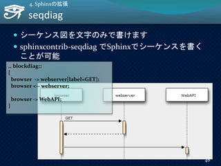 seqdiag
 シーケンス図を文字のみで書けます
 sphinxcontrib-seqdiag でSphinxでシーケンスを書く
ことが可能
4. Sphinxの拡張
.. blockdiag::
{
browser -> webserver[label=GET];
browser <-- webserver;
browser -> WebAPI;
}
48
 