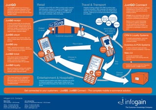 JustGO                                                 Retail                                                                   Travel & Transport                                                   JustGO Connect
      The JustGO solution tool kit brings a                   Integrate in-store POS with CRM to achieve rapid customer                Integrate ticketing systems with CRM to achieve rapid             Takes best of breed integration software
      completely seamless integration of your                 data acquisition, leading to customer profile build up and               customer acquisition. Offer customers the opportunity to          (middleware) to connect your newly
      enterprise systems, retail point of sale                low cost loyalty implementation. Add the JustGO mobile                   check, buy and receive tickets via the new mobile phone           created mobile retail environment to
      (RPOS) and web services with the mobile                 app to move customers to an always on-line model for                     process. Helping you to provide personalised applictions          existing systems.
      handset market.                                         information, purchases, offers and loyalty.                              and websites.
                                                                                                                                                                                                         Infogain has an exemplary track record
                                                                                                                                                                                                         in systems integration and high volume
                                                                                                                                                                    Word of  Existing                    transaction processing environments.
                                                                                                                                                                            Customers
   JustGO receipt                                                                                                                                            Your Mouth                                  Based on your current technology
                                                                                                                                                            Website                                      investment or platform preference,
      E-receipt solution that can be attached                                                                                                                             SMS                            we will implement and maintain a
      to any existing payment process (online                                                                                                                                      Advert
                                                                                                                                                                                                         middleware component to allow your
      or at point of sale – POS) to allow you to
                                                                                                                                                                                                         customers to seamlessly connect to
      send your receipt in an electronic format              Collect                                                                                                    Download app                     your:
      to a customer mobile phone/email. It
      captures basic customer details.
                                                             in store                                                                                                    and select a
                                                                                                                                                                           product
   JustGO player                                                                          Customer acquisition                                                                                          CRM & Loyalty Systems
      Your customers can preview, play, and                                                                                                                                                              To enable personalisation, track and
      receive content about new products and                                                                                                                                                             record transactions and build up
      services.                                                                                                                                                                                          customer profiles.

   JustGO pay                                                                                                           Pay in store
                                                                                                                                                                                                        Inventory & POS Systems
      PaaS – payment as a service – secure                                                                                                                                                               To allow customers quick and easy
      payment solution for mobile e-commerce                                                                                                                       JustGO                                access to product availability in real time.
      – select and pay all via mobile.                                                                                                                              Player

   JustGO ticket
                                                             JustGO                                                                                                                                     Web 2.0
                                                              Ticket
                                                                                                                                                                                                         To provide consistency and
      Fully secure ticket/voucher fulfilment                                                                    Choose to                                                                                synchronisation with existing web site
      process for delivery of redeemable
      tickets, vouchers and coupons.                                                                             collect                                                                                 services.

      Incorporates scannable 2D barcodes.                                                                                                                                                  Pay
                                                                                                                                                                                           now
   JustGO loyalty                                                                                                                                                                                        Customers desiring real-time integration
                                                                                                                                                                                                         should consider JustGO Connect.
      Secure transaction tracking and visibility
      from your customer’s mobile – points,
      rewards, deals, miles and spend.
                                                                                                                                                          JustGO                             Choose
                                                                                                                                                            Pay                              delivery
      This unique solution kit is designed to
      get you up and running quickly and                  Entertainment & Hospitality
      efficiently (weeks not months) and can                  Integrate booking systems with CRM to generate new levels
      be implemented as a stand-alone but                     of customer experience, mobile tickets, mobile check-in,
      complete process.                                       push personalised itineraries and offers direct to the mobile
                                                              phone.



                                    Get connected to your customers – JustGO, JustGO Connect – The complete mobile e-commerce solution.


Infogain U.K. Contacts
Mark Collin                         Joe Lubczynskyj
Vice President – UK & Europe        Director of Operations & Services – UK & Europe

Office: +44 (0)161 602 3501         Office: +44 (0)161 602 3502
Mobile: +44 (0)7736 957 291         Mobile: +44 (0)7974 979118
Email: mark.collin@infogain.com     Email: jal@infogain.com
 