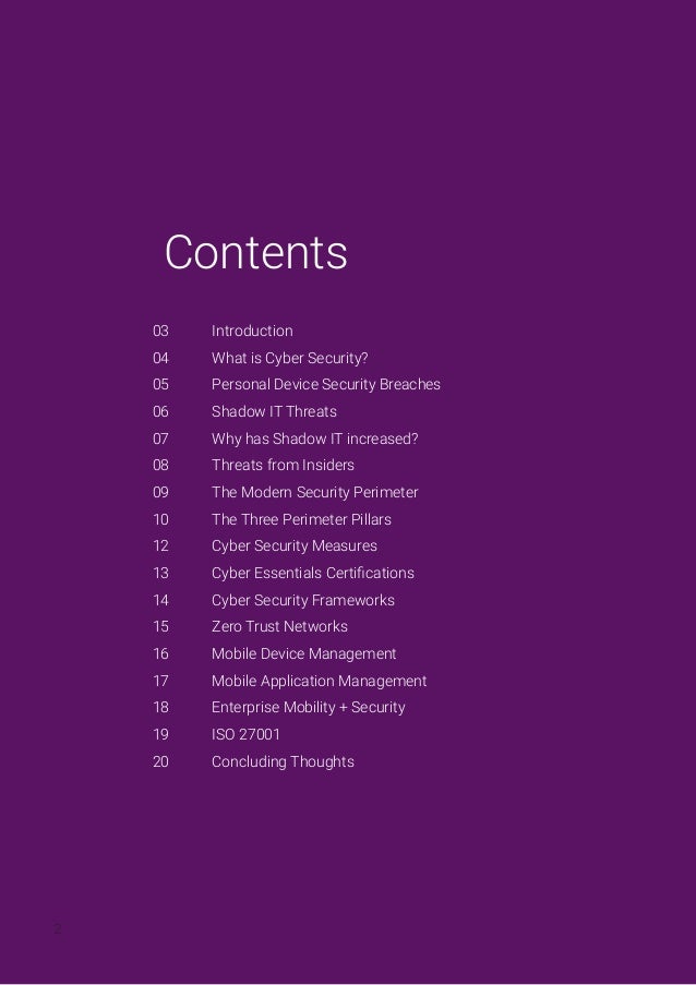 Contents
Introduction
What is Cyber Security?
Personal Device Security Breaches
Shadow IT Threats
Why has Shadow IT increased?
Threats from Insiders
The Modern Security Perimeter
The Three Perimeter Pillars
Cyber Security Measures
Cyber Essentials Certifications
Cyber Security Frameworks
Zero Trust Networks
Mobile Device Management
Mobile Application Management
Enterprise Mobility + Security
ISO 27001
Concluding Thoughts
03
04
05
06
07
08
09
10
12
13
14
15
16
17
18
19
20
2
 