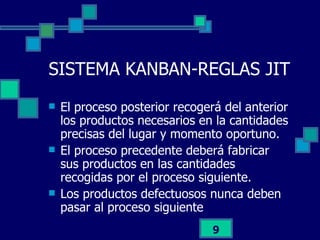 SISTEMA KANBAN-REGLAS JIT El proceso posterior recogerá del anterior los productos necesarios en la cantidades precisas del lugar y momento oportuno. El proceso precedente deberá fabricar sus productos en las cantidades recogidas por el proceso siguiente. Los productos defectuosos nunca deben pasar al proceso siguiente 