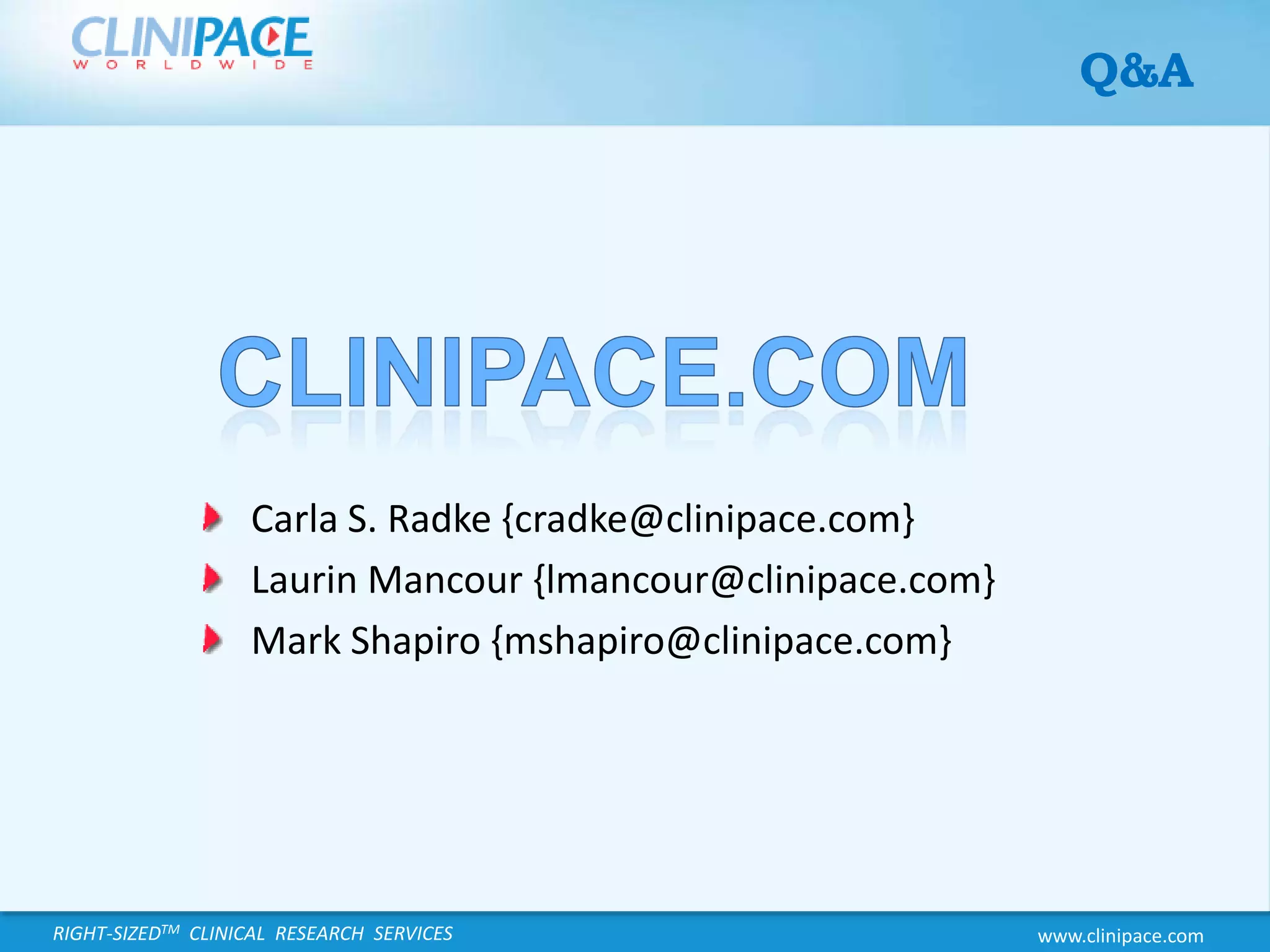 Q&ACLINIPACE.COMCarla S. Radke {cradke@clinipace.com}Laurin Mancour {lmancour@clinipace.com}Mark Shapiro {mshapiro@clinipace.com}