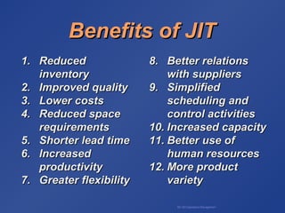 BA 320 Operations Management
Benefits of JITBenefits of JIT
1.1. ReducedReduced
inventoryinventory
2.2. Improved qualityImproved quality
3.3. Lower costsLower costs
4.4. Reduced spaceReduced space
requirementsrequirements
5.5. Shorter lead timeShorter lead time
6.6. IncreasedIncreased
productivityproductivity
7.7. Greater flexibilityGreater flexibility
8.8. Better relationsBetter relations
with supplierswith suppliers
9.9. SimplifiedSimplified
scheduling andscheduling and
control activitiescontrol activities
10.10. Increased capacityIncreased capacity
11.11. Better use ofBetter use of
human resourceshuman resources
12.12. More productMore product
varietyvariety
 