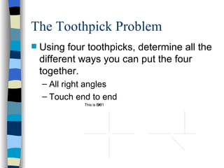 The Toothpick Problem <ul><li>Using four toothpicks, determine all the different ways you can put the four together. </li>...