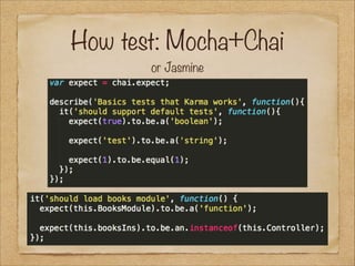 How test: Mocha+Chai
or Jasmine

 